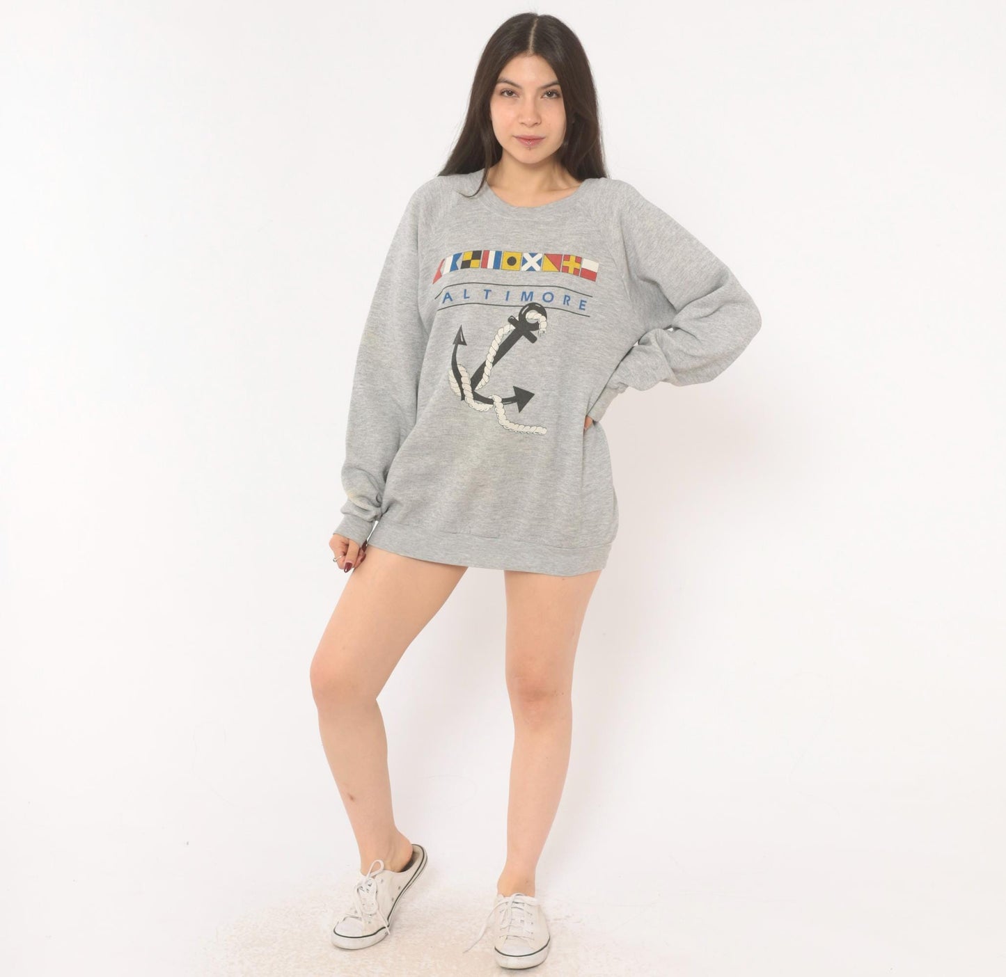 90s Fruit Of The Loom Baltimore Nautical Anchor Sweatshirt Grey Heather Extra Large