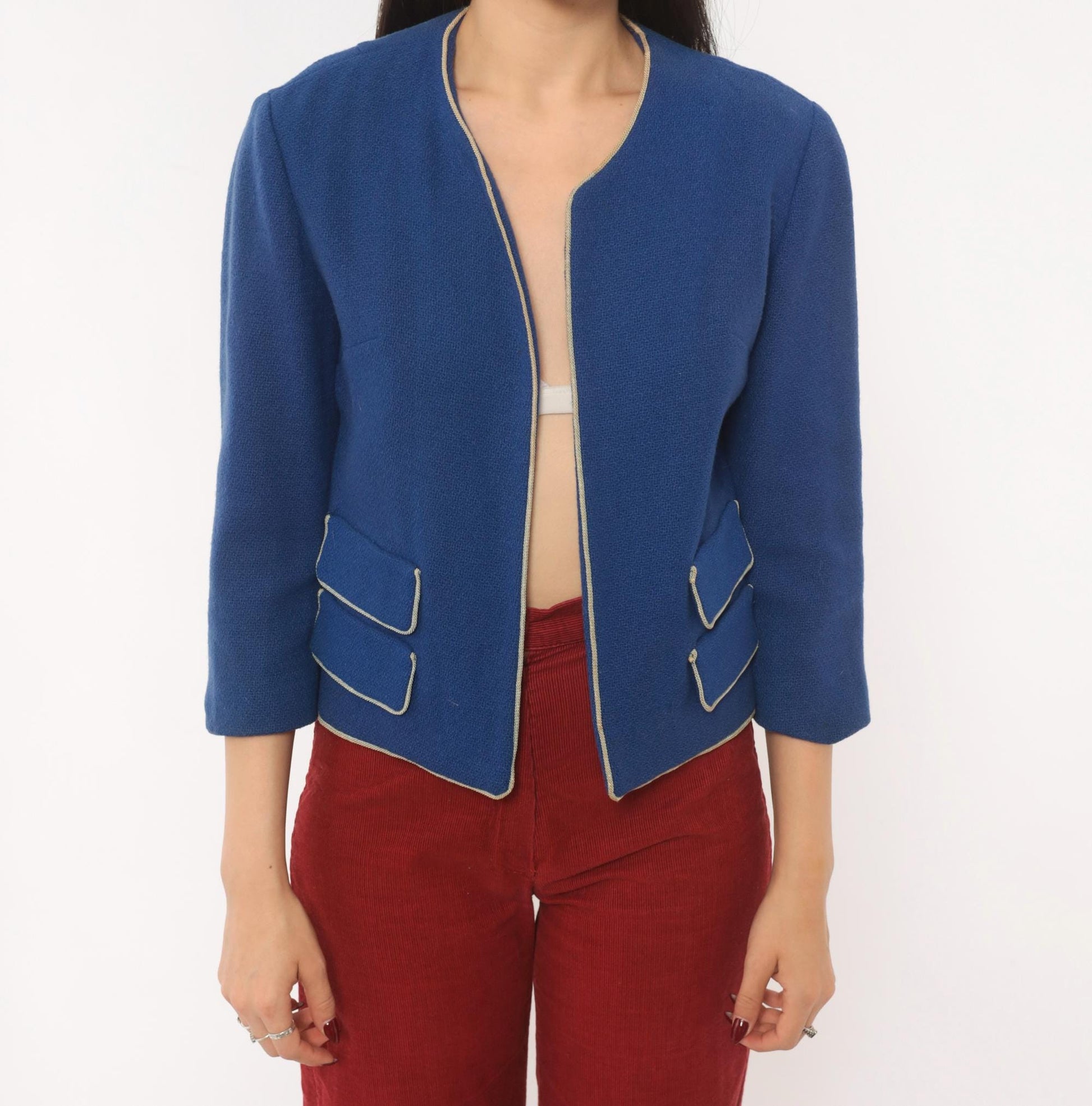 60s Cobalt Wool Blazer Cropped Jacket Cream Piping Three Quarter Sleeve Small S