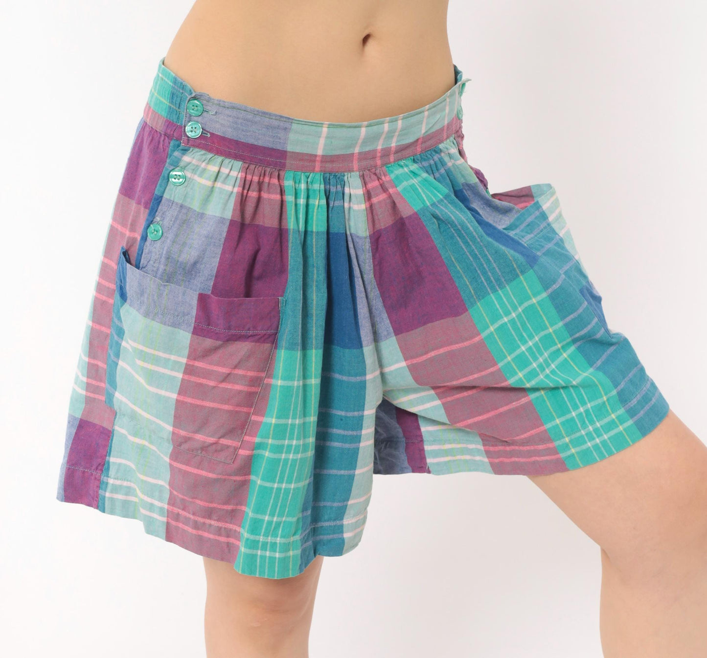 90s Technics Madras Plaid Shorts High Waisted Wide Leg Cotton Teal Pink Large L