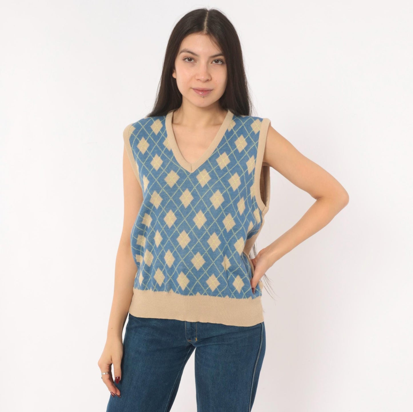 70s Pinnacle Argyle Knit Vest Blue Tan Diamond V-Neck Medium