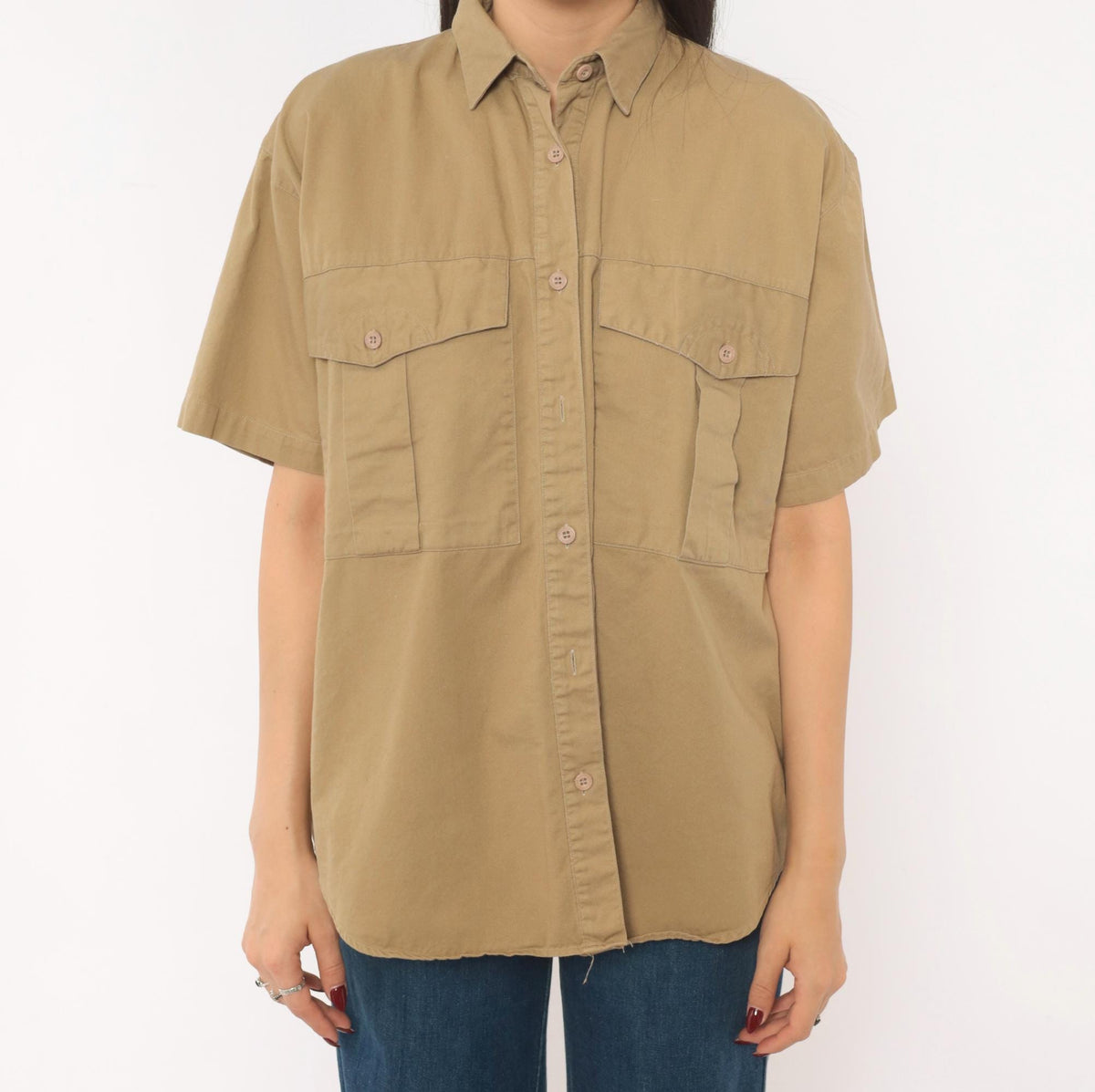 90s Forenza Tan Safari Button Shirt Cotton Khaki Utility Blouse Small S