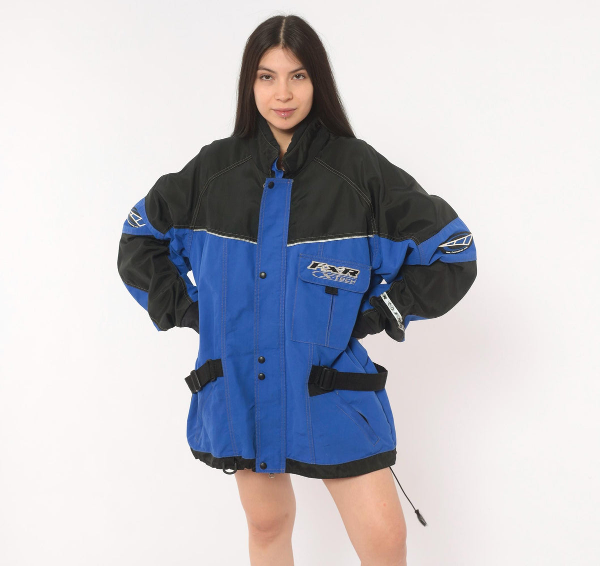 90s FXR X-Tech Snowmobile Jacket Blue Black Color Block Nylon Shell Extra Large XL
