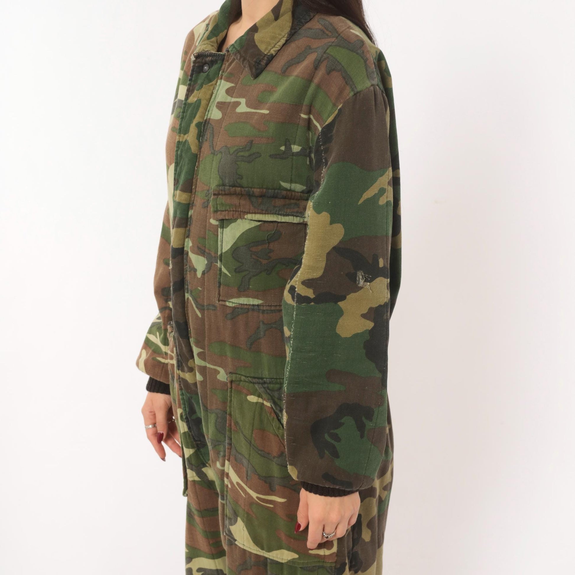 90s Woodland Camouflage Coveralls Zip Front Jumpsuit One Piece Medium