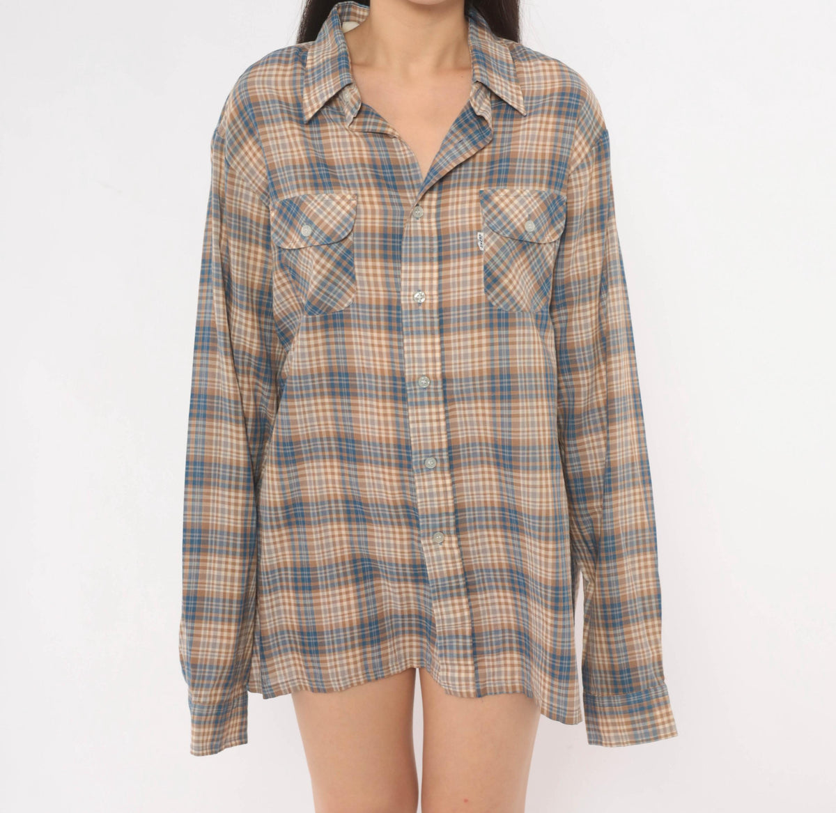 80s Levis Wildfire Plaid Button-Up Shirt Blue Tan Check Mens Medium