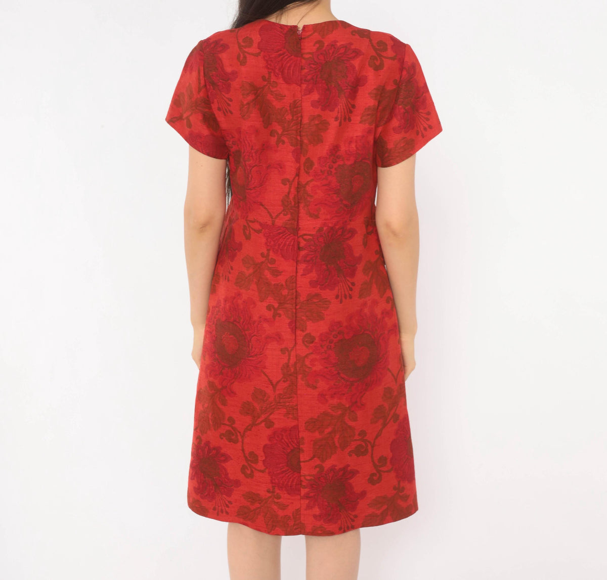 60s Lisa Carlton Red Silk Jacquard Floral A-Line Dress Knee Length Small S