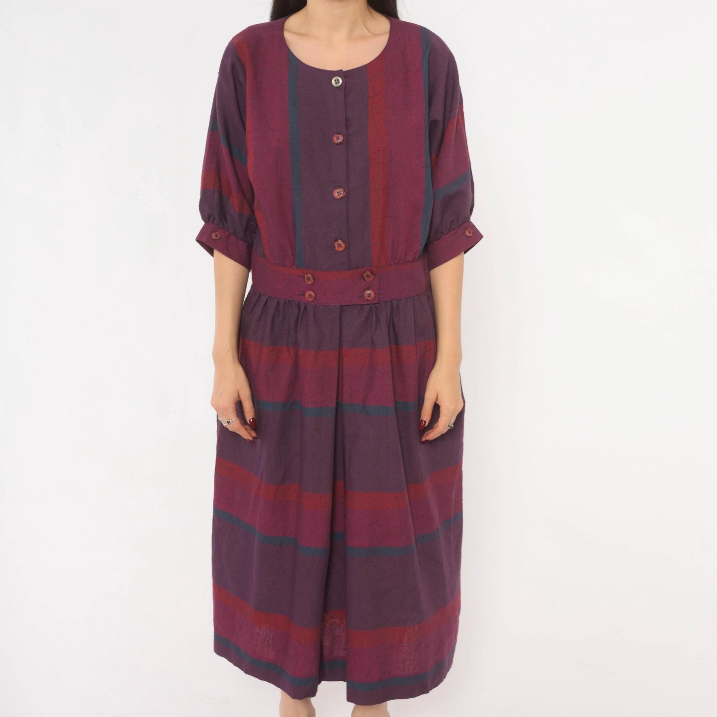 80s David Warren Plaid Midi Dress Purple Burgundy Puff Sleeve Cotton Large L
