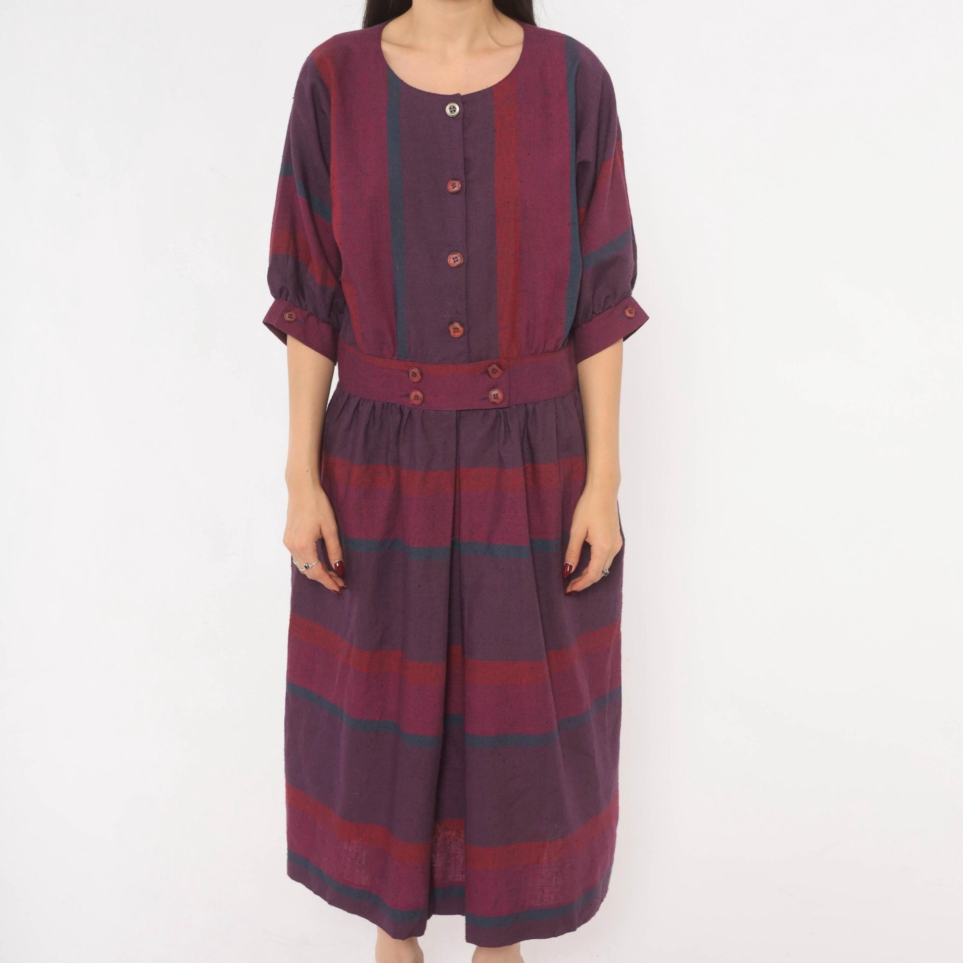 80s David Warren Plaid Midi Dress Purple Burgundy Puff Sleeve Cotton Large L
