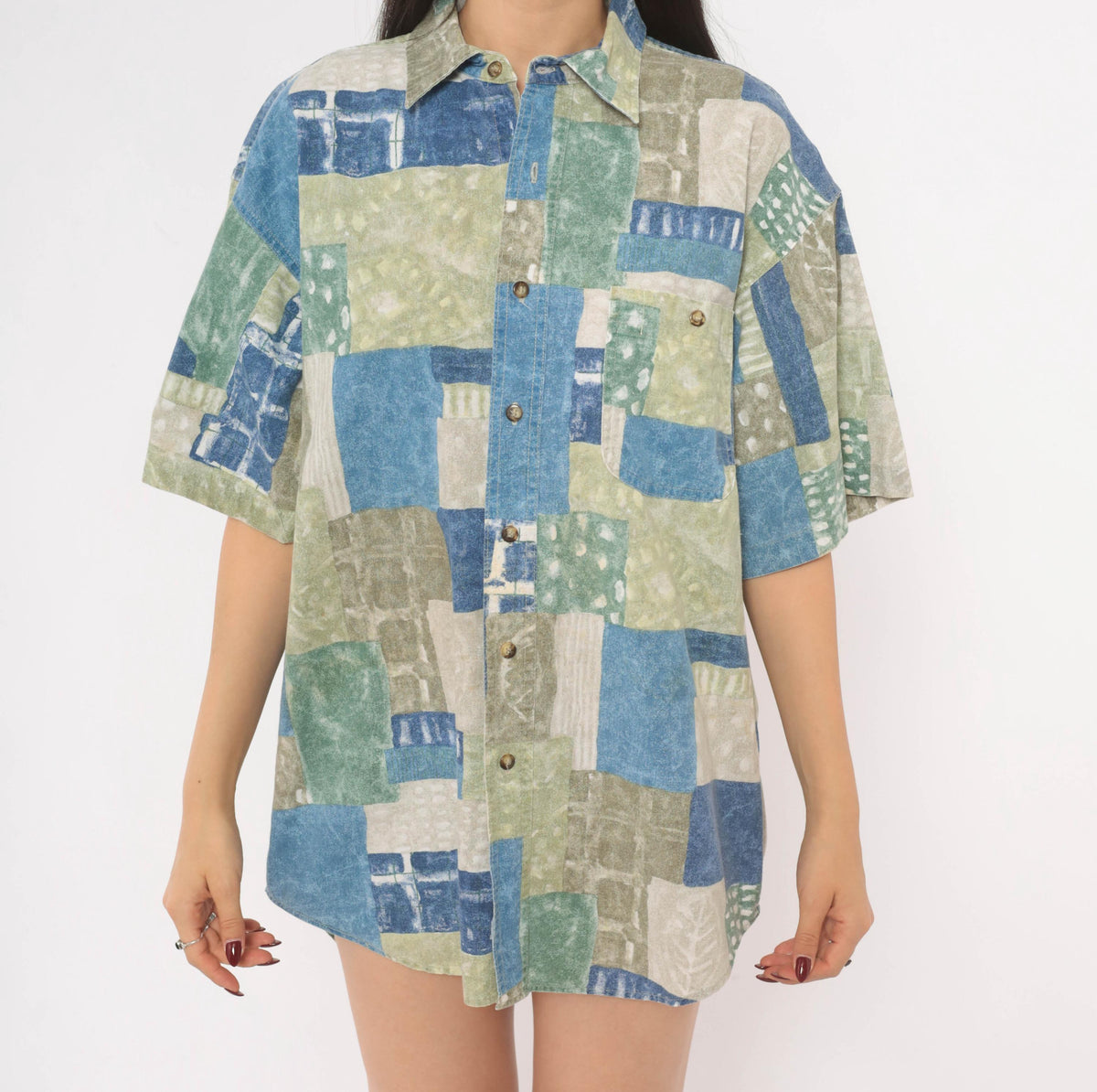 90s Marc Daniels Patchwork Print Button Shirt Cotton Geometric Blue Sage Medium