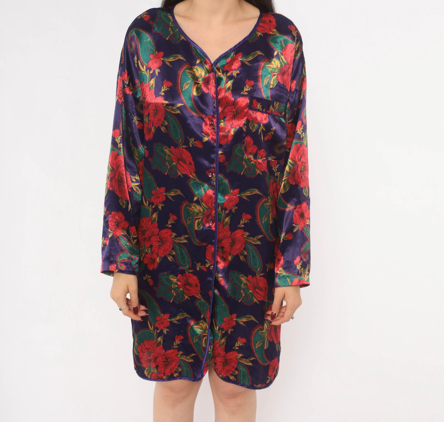 90s Satin and Beaux Floral Paisley Nightshirt Purple Red Teal Knee-Length Small