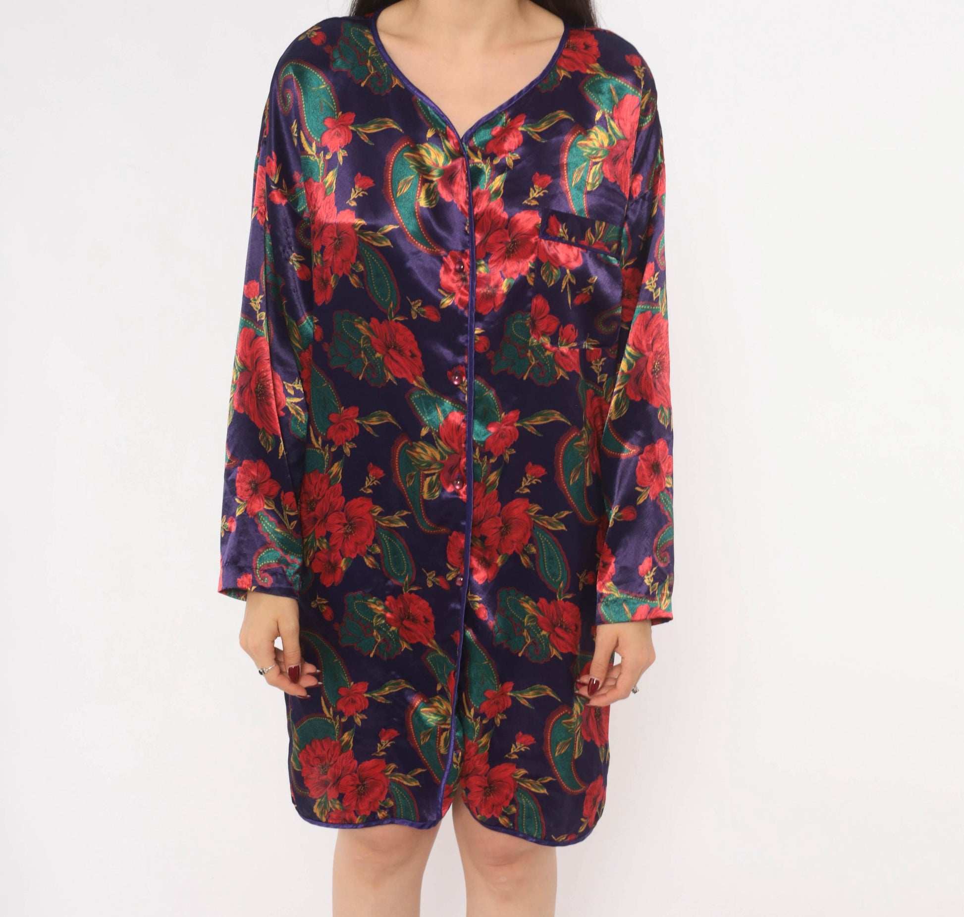 90s Satin and Beaux Floral Paisley Nightshirt Purple Red Teal Knee-Length Small