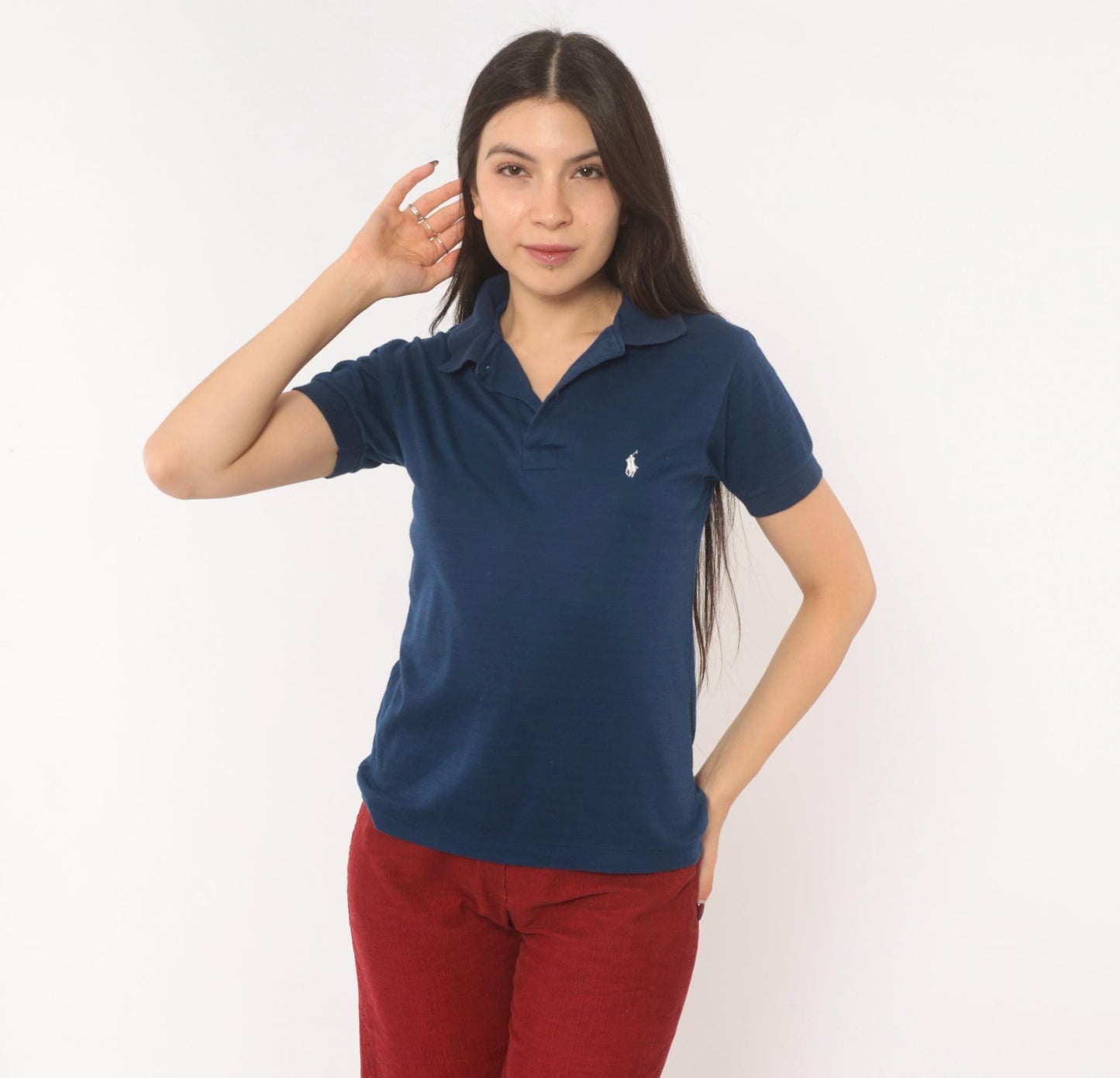90s Ralph Lauren Polo Navy Cotton Short Sleeve V-Neck Shirt White Logo Extra Small XS