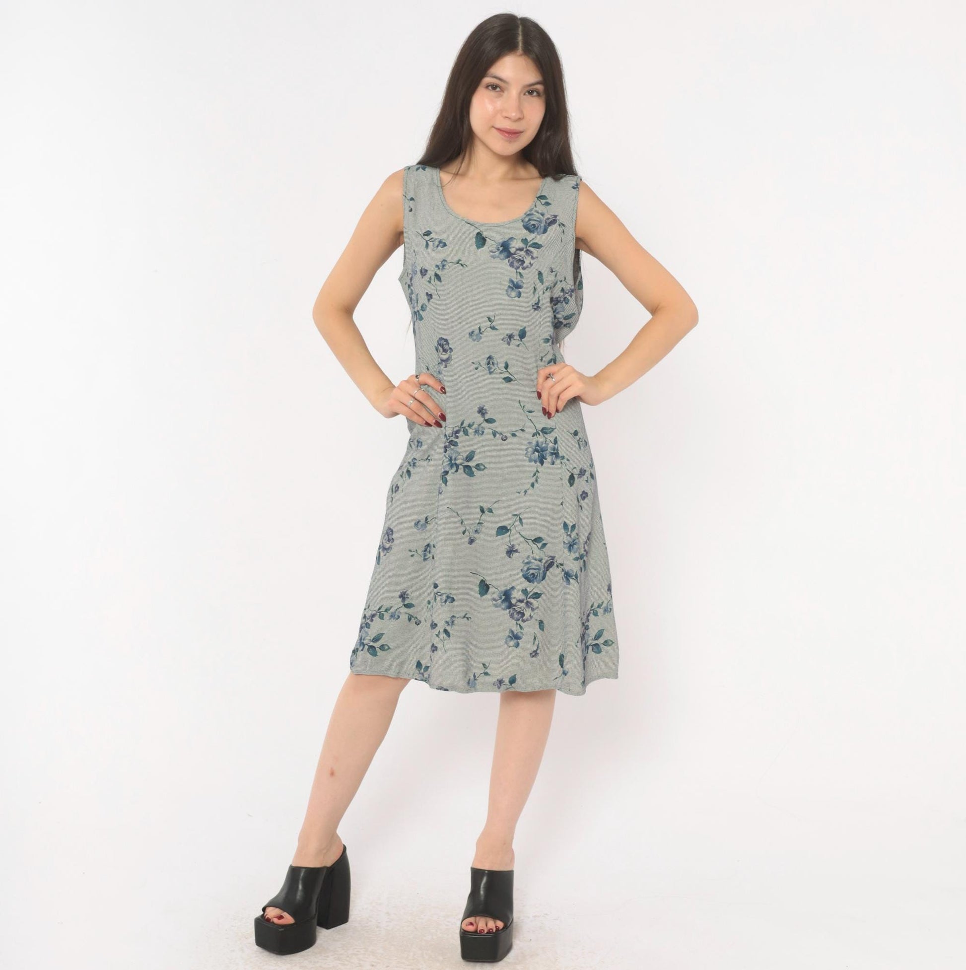 90s Floral Gingham Sundress Blue Rose Print Knee Length A-Line Medium M