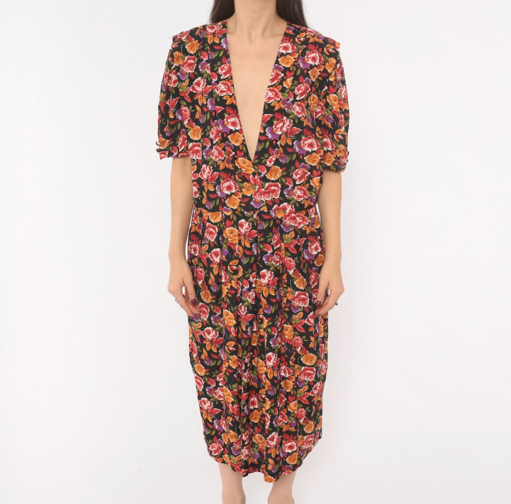 90s R.J. Stevens Floral Wrap Dress Deep V Midi Black Rose Print Large