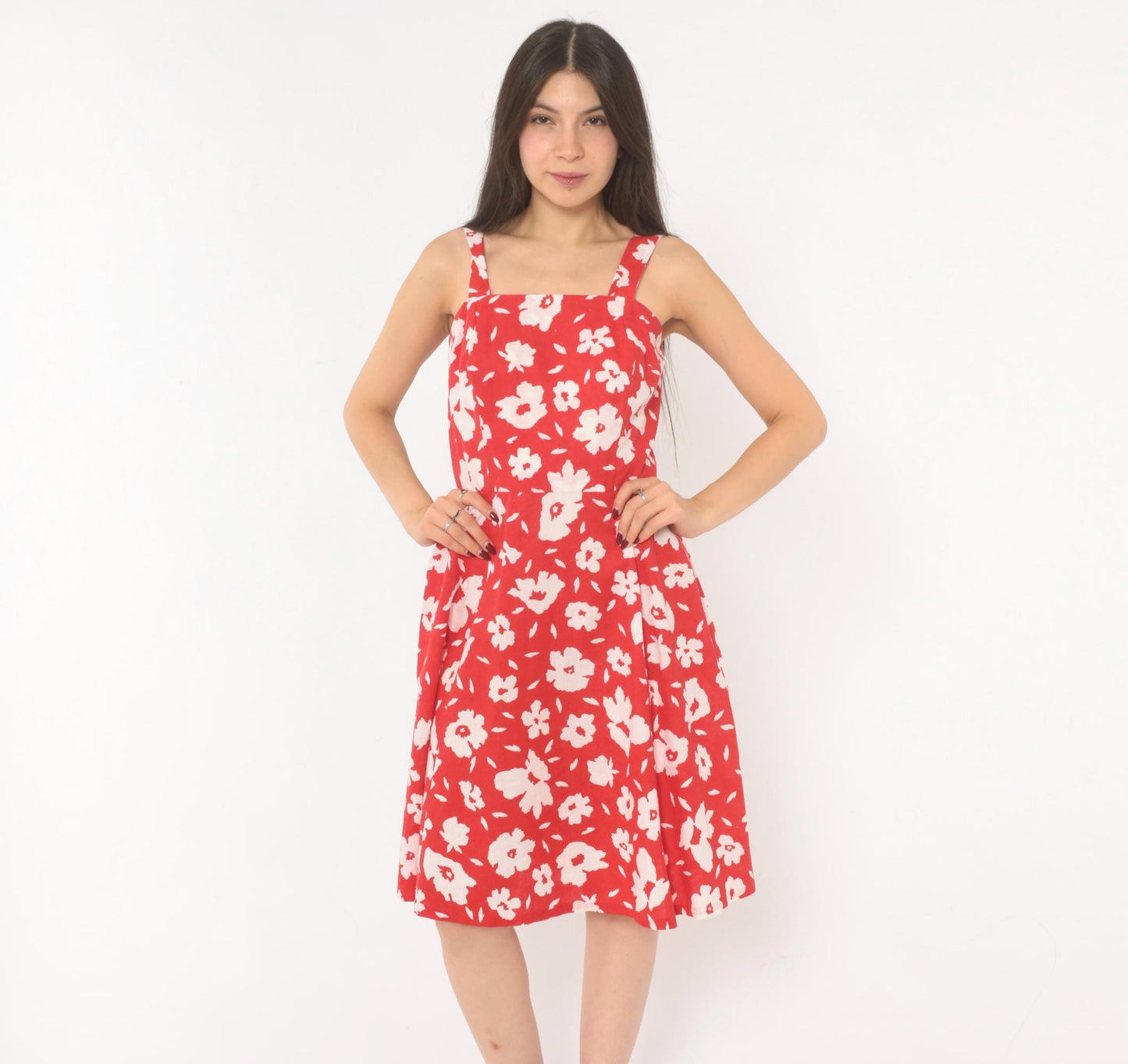 80s Red Floral Cotton Sundress White Square Neck A-Line Knee Length Extra Small XS