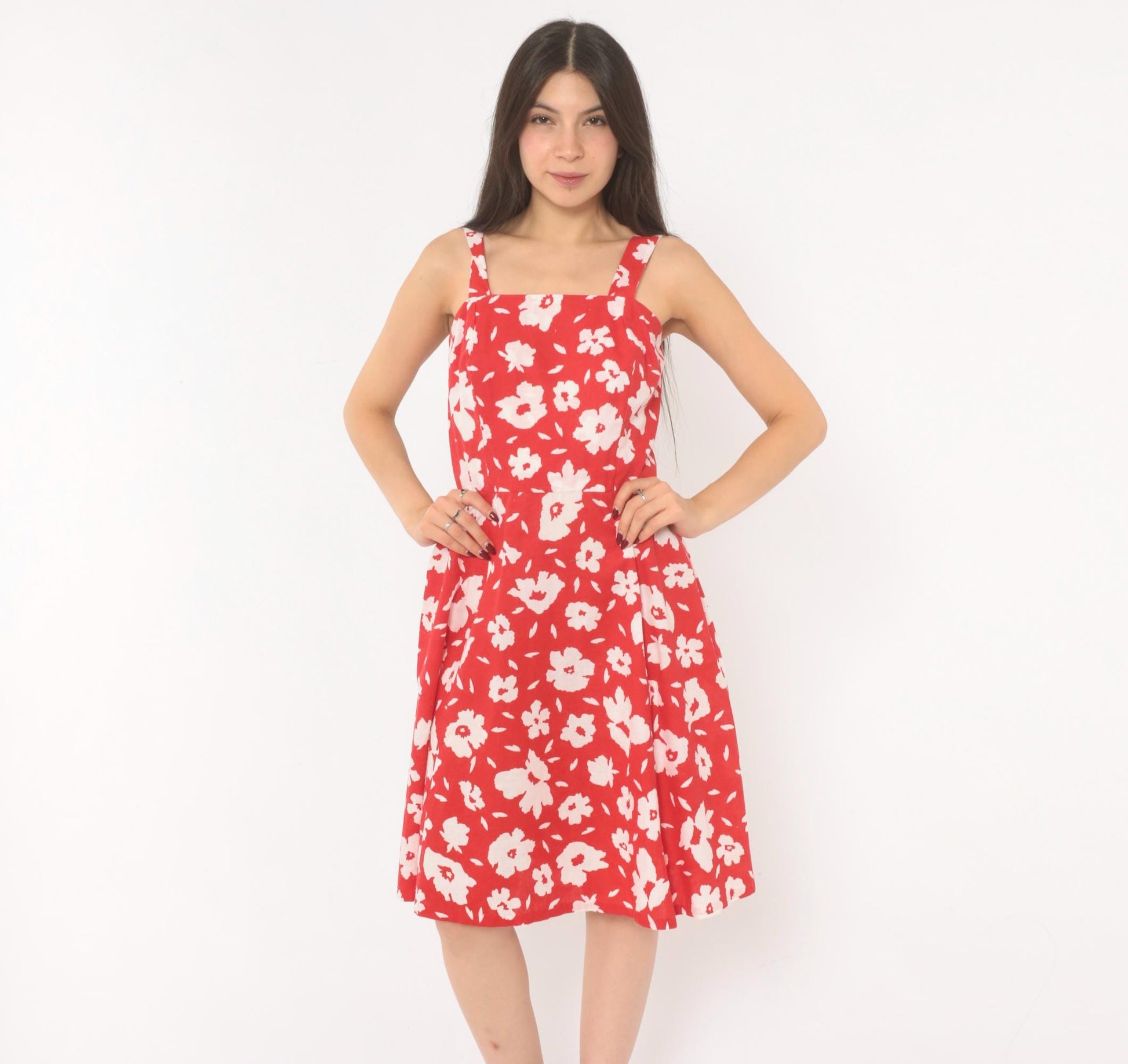 80s Red Floral Cotton Sundress White Square Neck A-Line Knee Length Extra Small XS