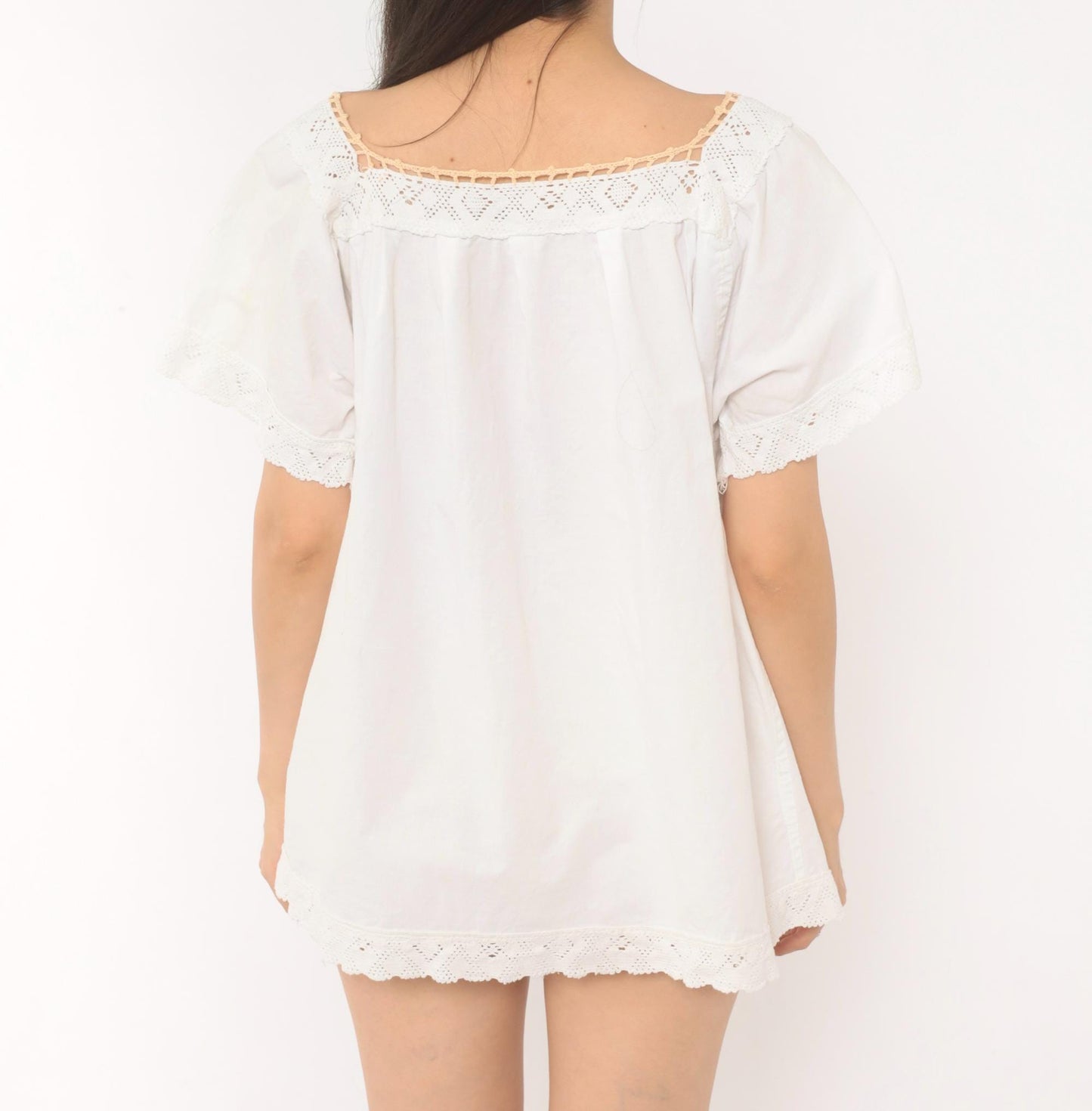 90s White Cotton Peasant Blouse Embroidered Floral Square Neck Puff Sleeve Medium