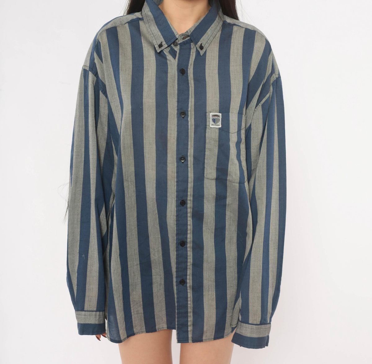 80s Brittania Striped Button Down Navy Grey Vertical Stripe Shirt Plus Size XXL