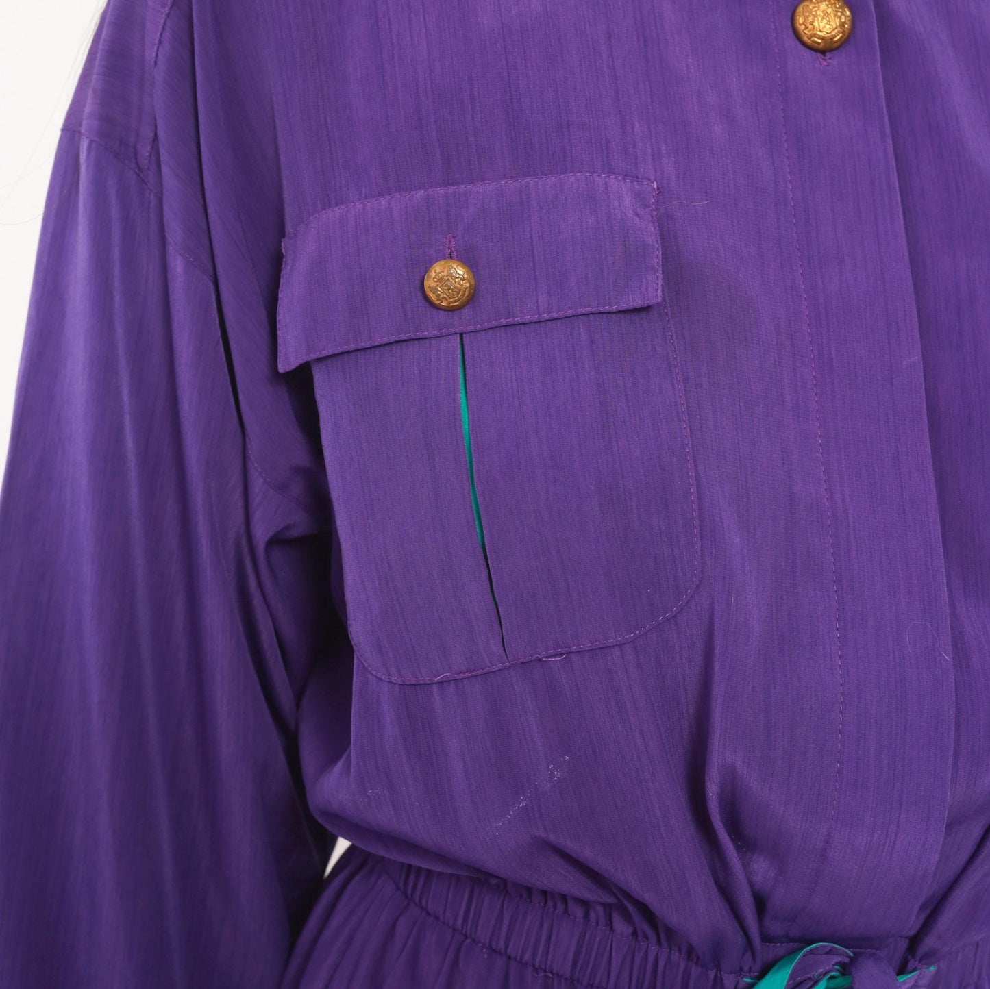 80s Leslie Fay Purple Safari Dress Knee-Length Utility Pockets Teal Trim Medium