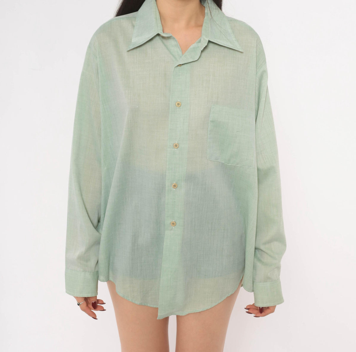 70s Sage Green Button-Up Shirt Camp Collar Semi-Sheer Cotton Long Sleeve XXL
