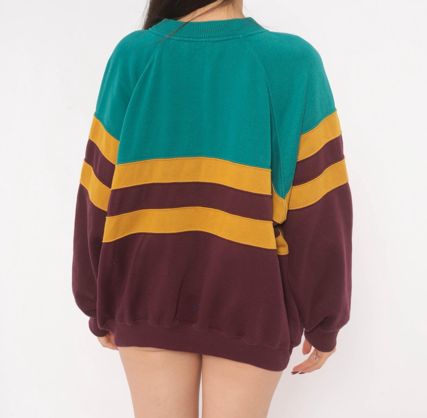90s Prides Landing Color Block Henley Sweatshirt Teal Burgundy Mustard Large L