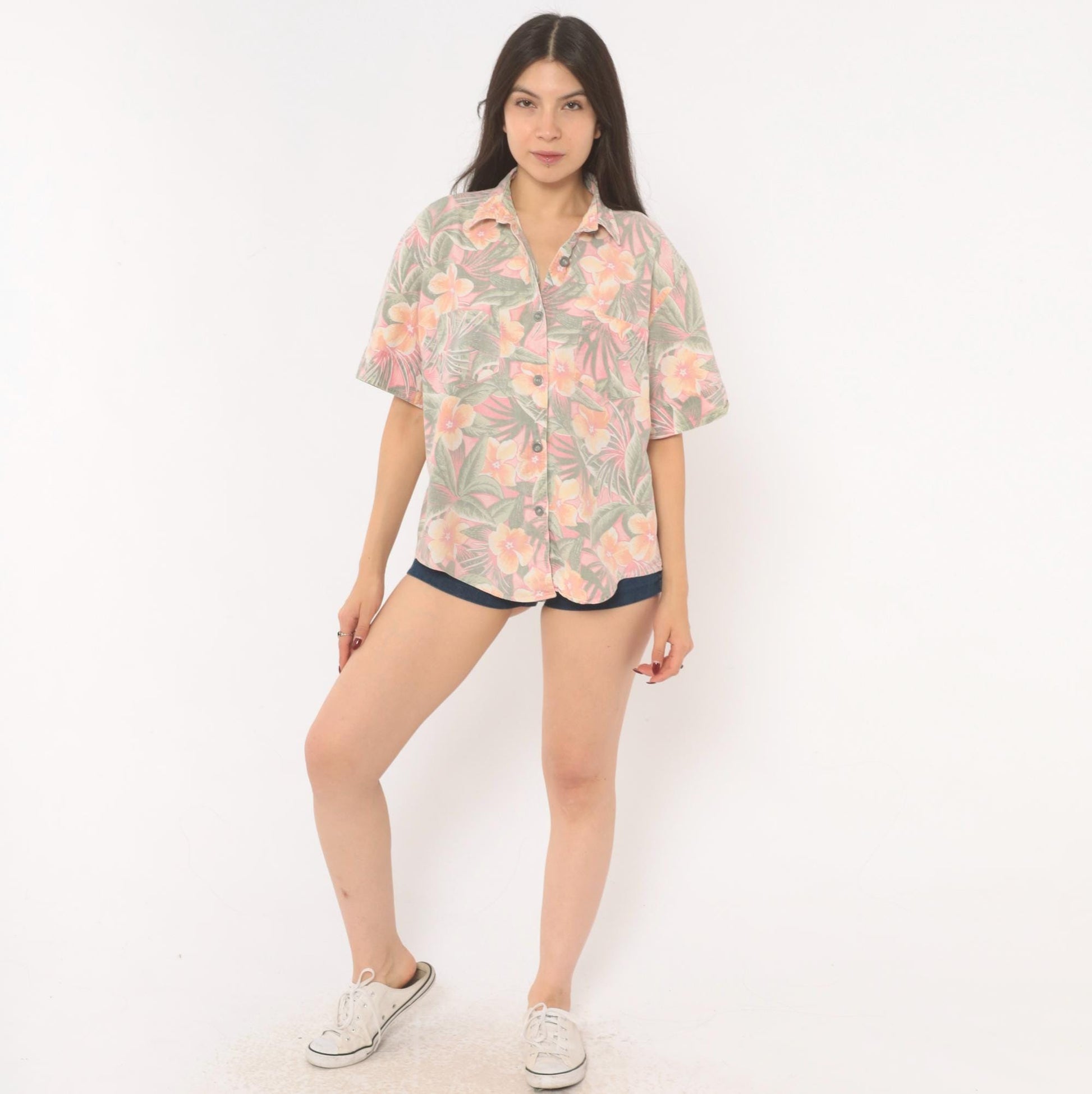 90s Essentials Sport Hawaiian Shirt Pink Coral Floral Camp Collar Cotton Large L