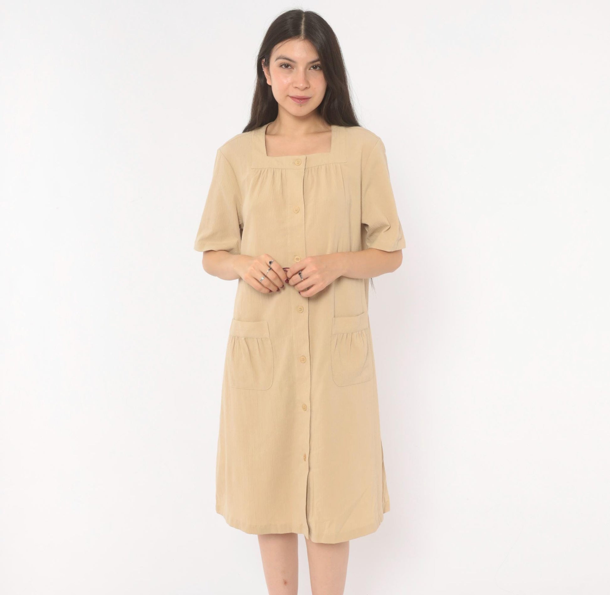 2000s The Tog Shop Petites Button Front Shift Dress Tan Square Neck Medium