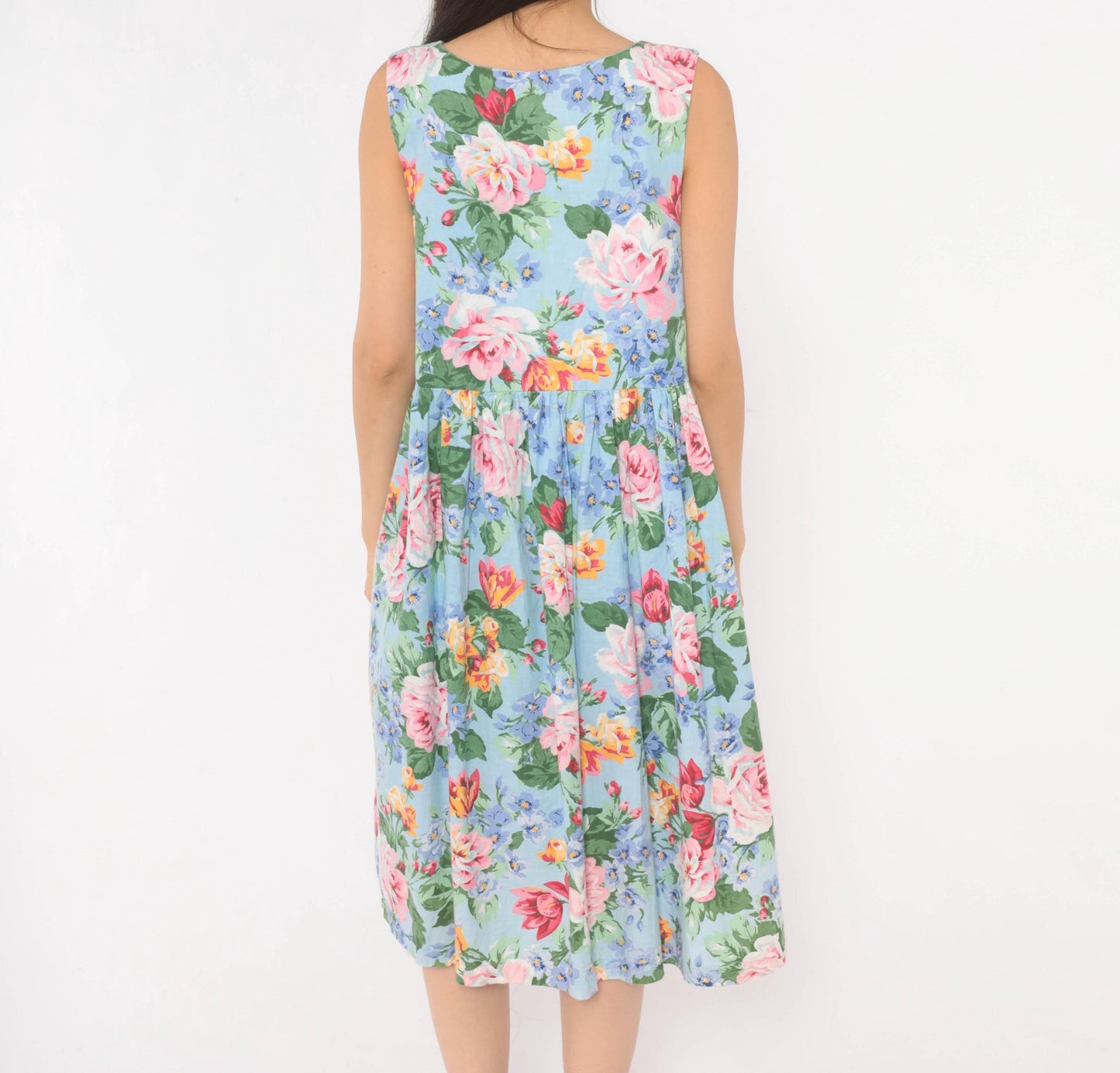 80s Sky Blue Floral Sundress Rose Print Scoop Neck Gathered Waist Medium