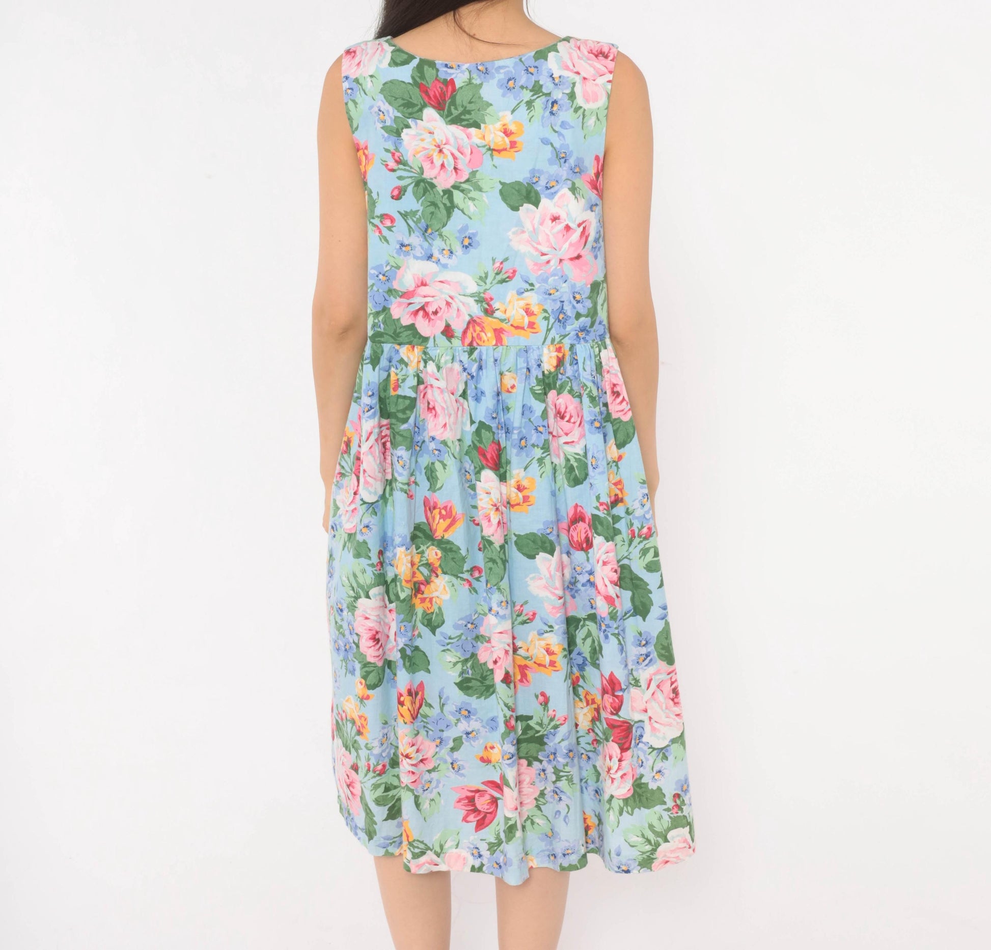 80s Sky Blue Floral Sundress Rose Print Scoop Neck Gathered Waist Medium