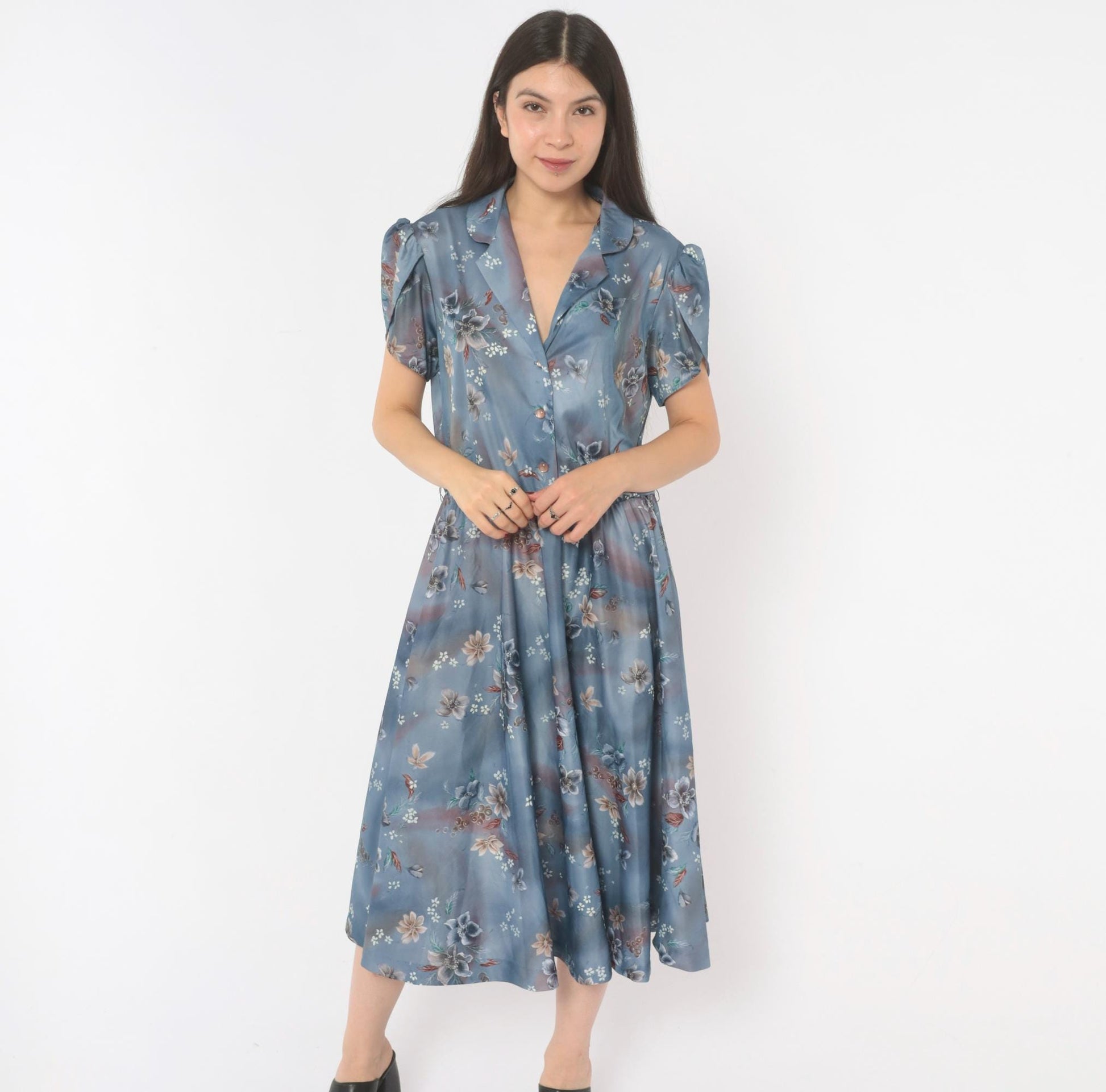 70s Slate Blue Floral Midi Shirtdress Puff Sleeve Notched Collar Large