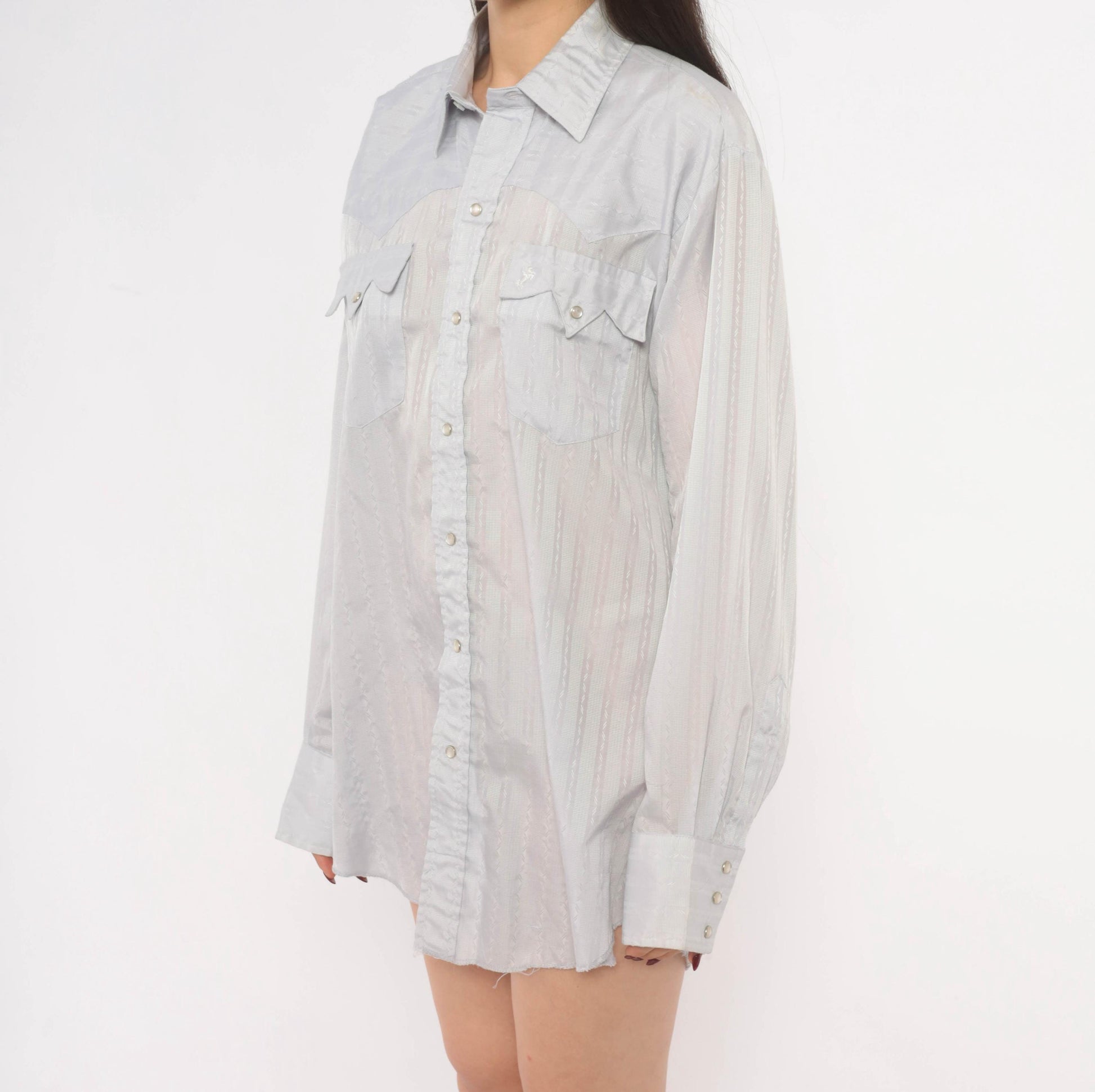 70s Prior Western Shirt Pearl Snap Pointed Collar Jacquard Stripe Blue Large L
