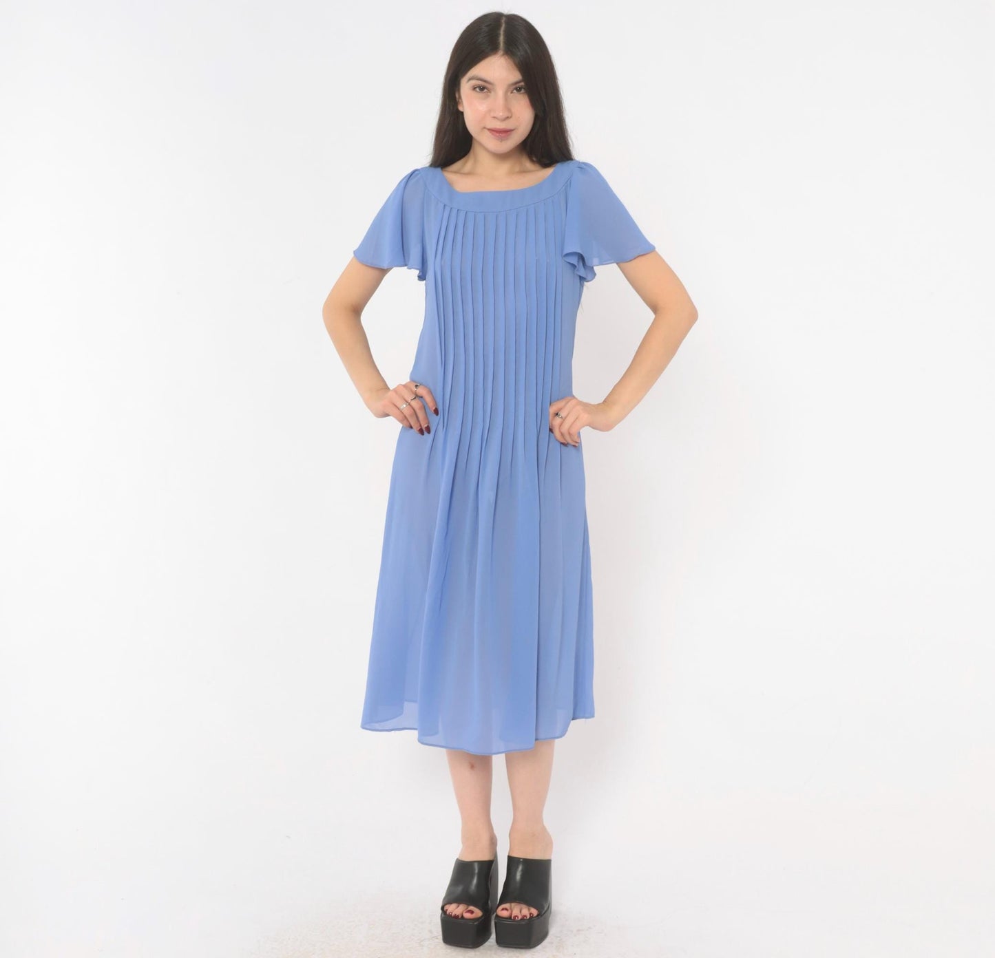 80s David Morris Periwinkle Pintuck Midi Dress Flutter Sleeve Small