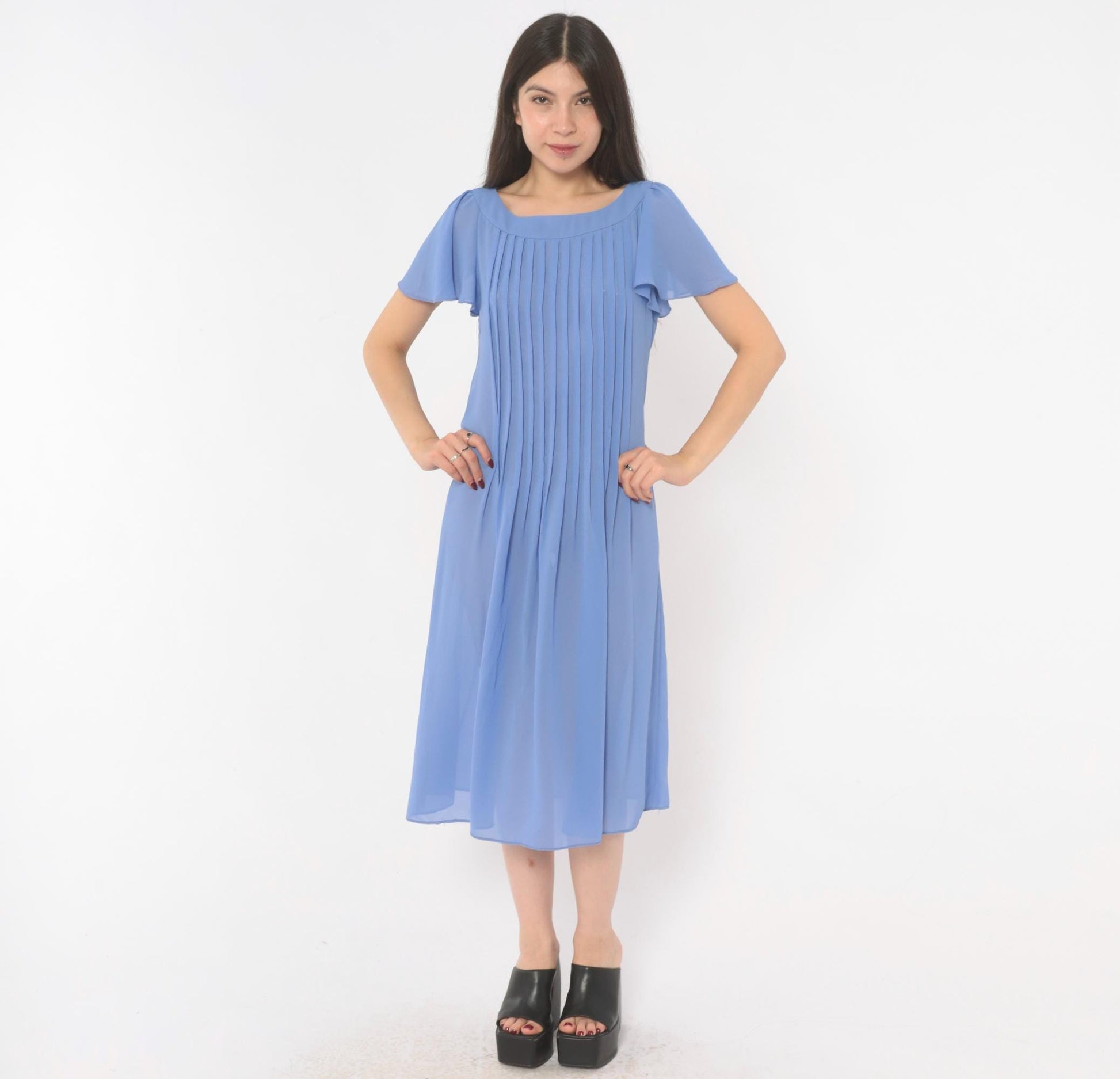 80s David Morris Periwinkle Pintuck Midi Dress Flutter Sleeve Small
