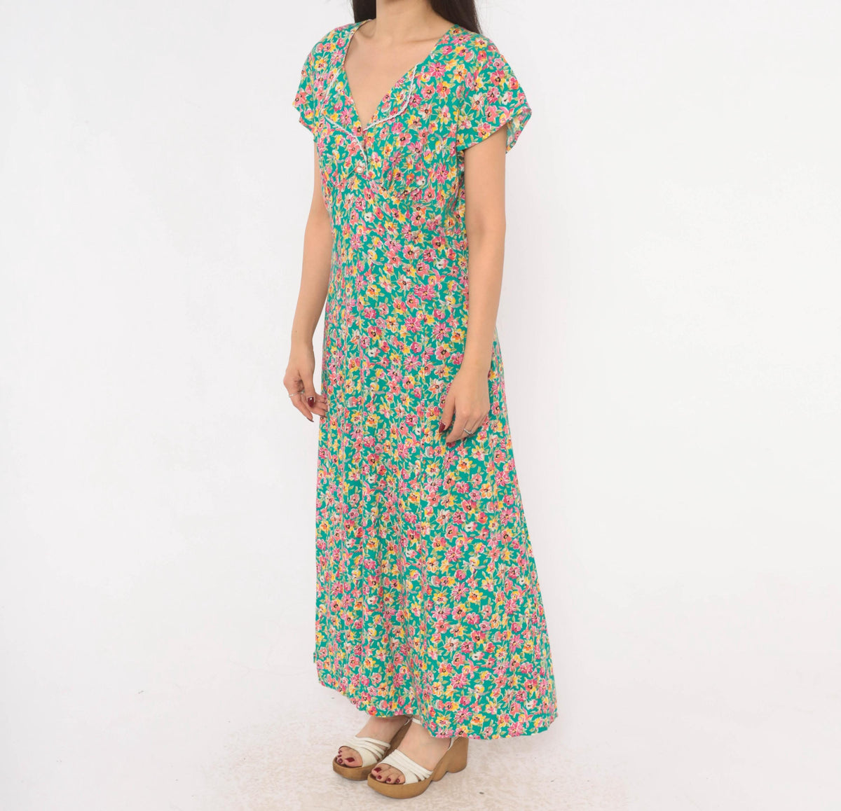 90s Hang Ten Floral Maxi Dress Green Pink Yellow V-Neck Wrap Bodice Large L