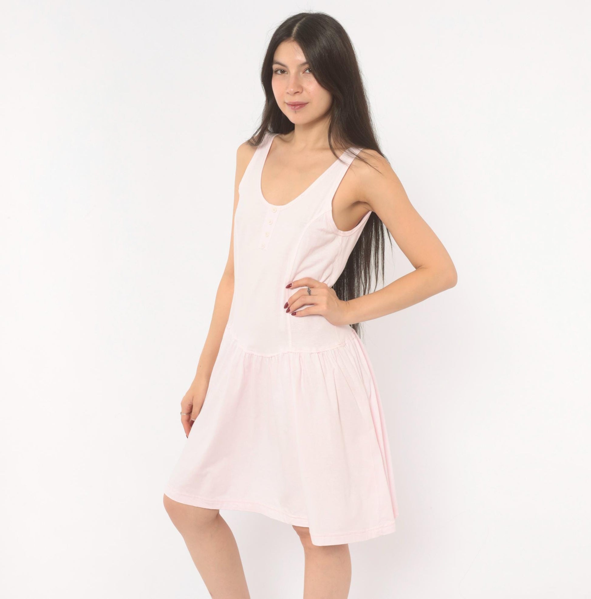 90s Cest Joti Blush Cotton Sundress Drop Waist Henley Neckline Small