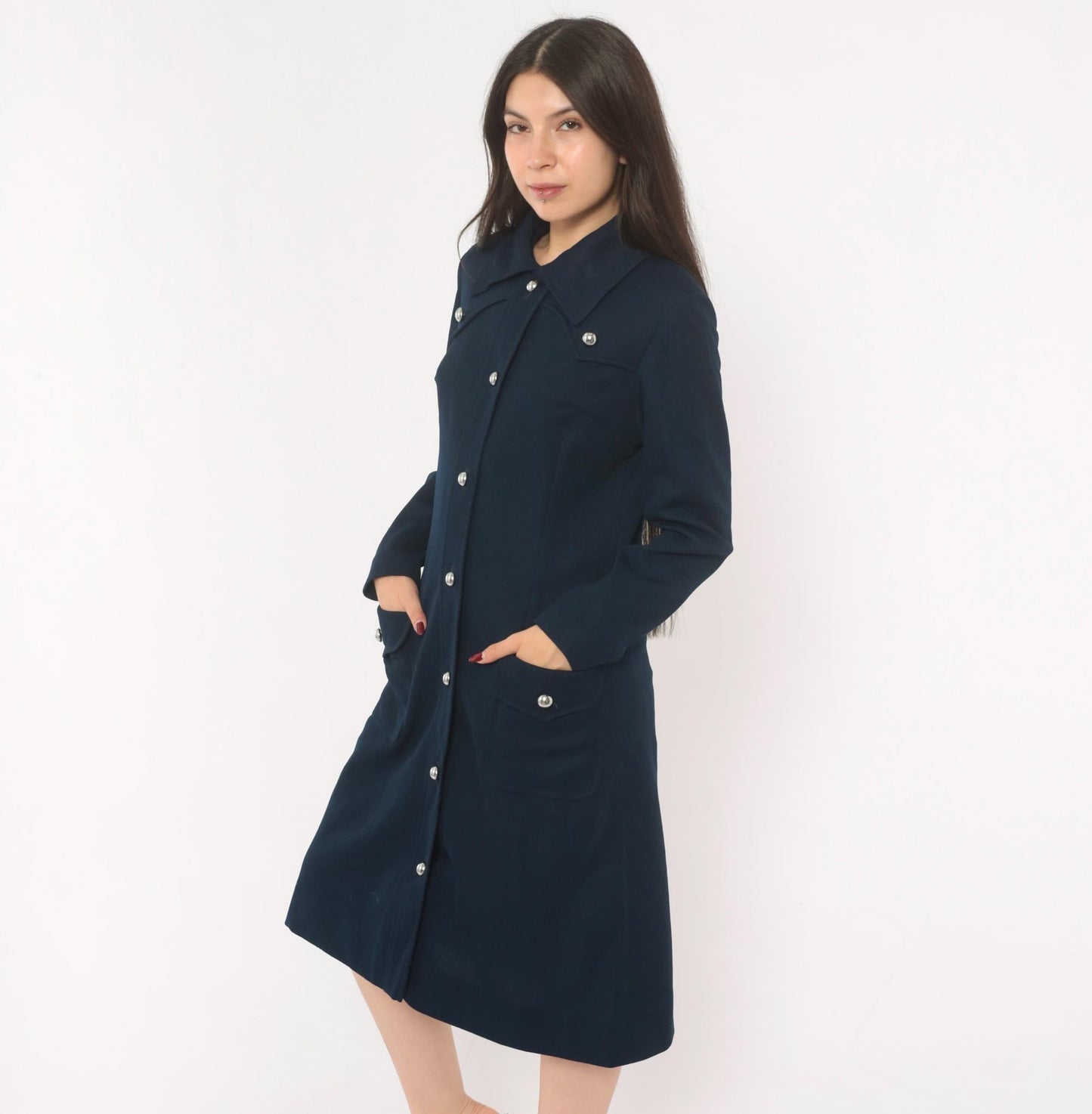 70s R & K Originals Navy Coat Dress Western Yoke Silver Buttons Medium