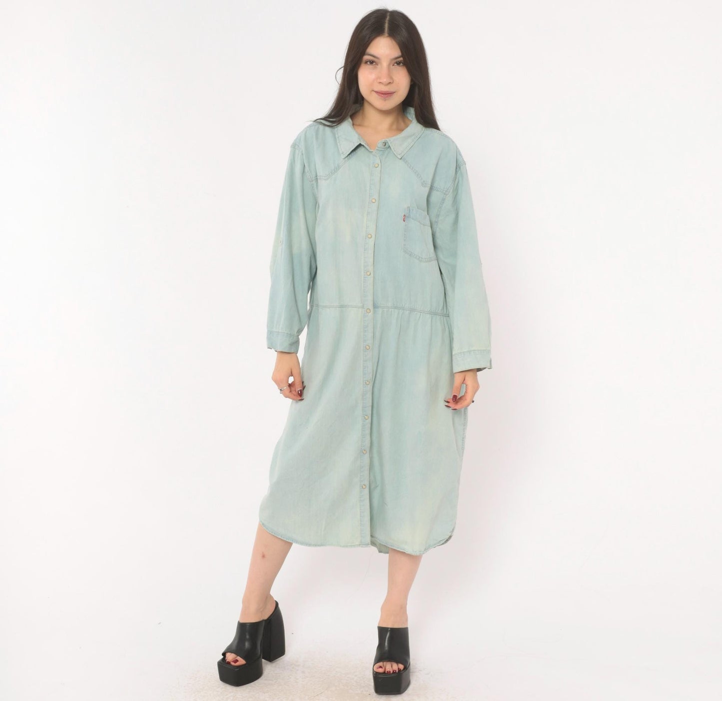 00s Levis Light Wash Denim Shirt Dress Western Yoke Midi Cotton Plus Size 3XL