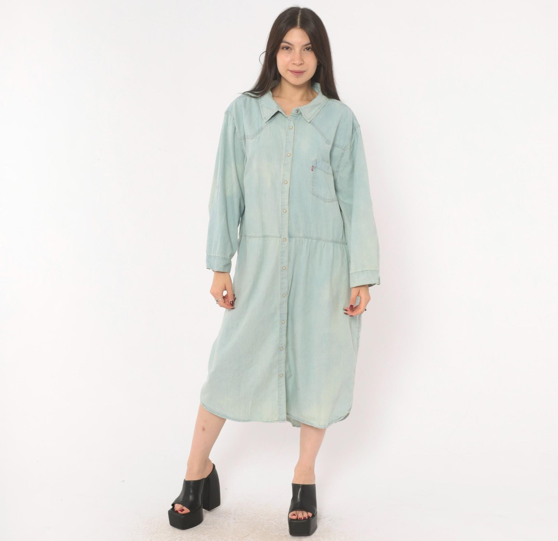 00s Levis Light Wash Denim Shirt Dress Western Yoke Midi Cotton Plus Size 3XL