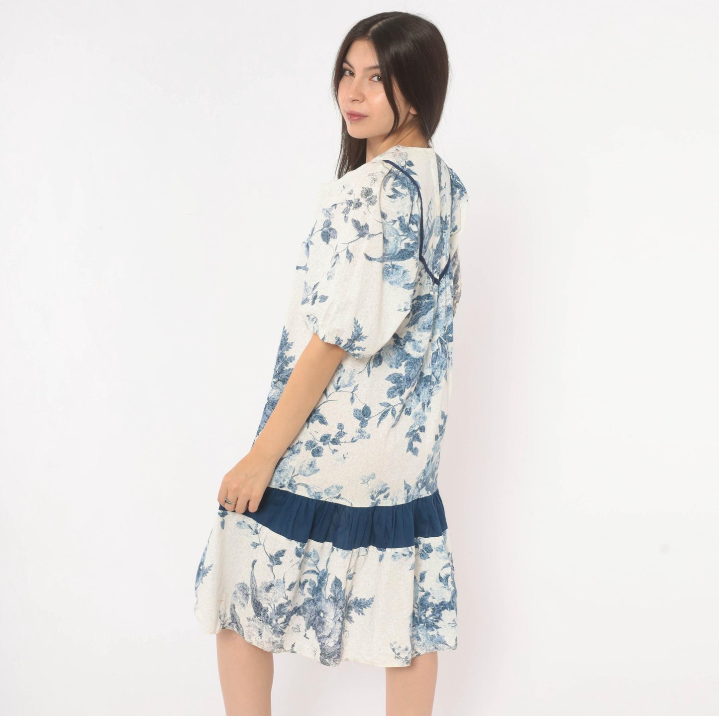 80s Liberty House Blue Floral Toile Cotton Dress V-Neck Puff Sleeve Extra Small XS