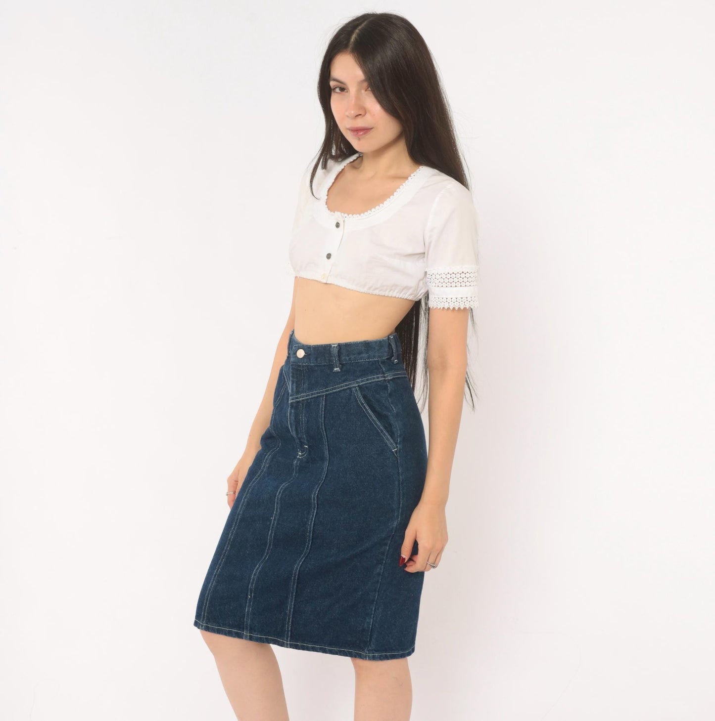 80s Cheryl Tiegs Denim Pencil Skirt High Waist Dark Wash Western Yoke Small S
