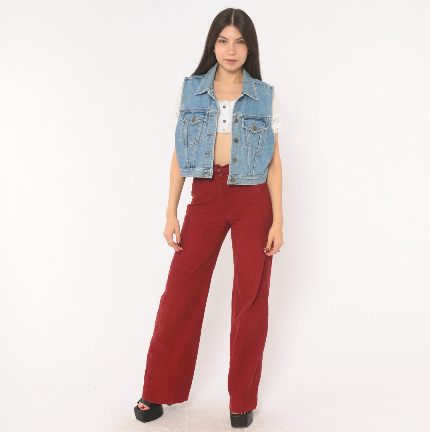 90s Karen Kane Light Blue Denim Vest Cropped Button Front Small S
