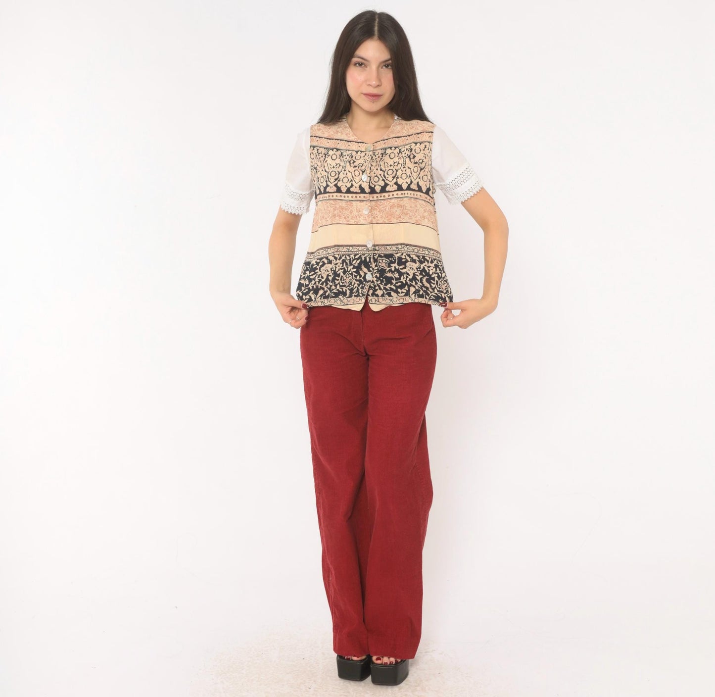 90s L'Amadei Block Print Vest Cream Navy Floral Damask Small S