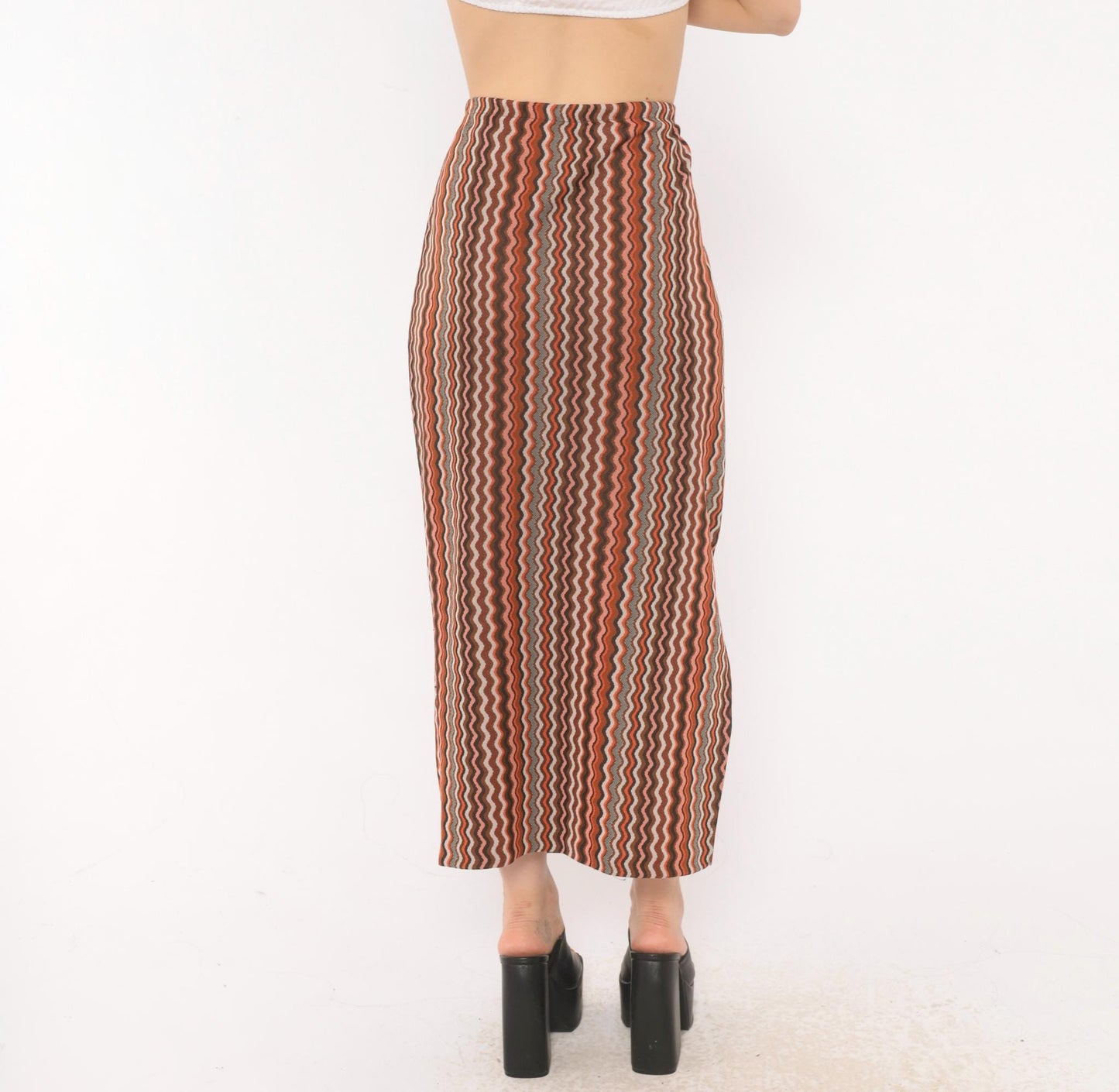 70s Orange Brown Zigzag Knit Maxi Skirt Chevron Stripe Elastic Waist Large
