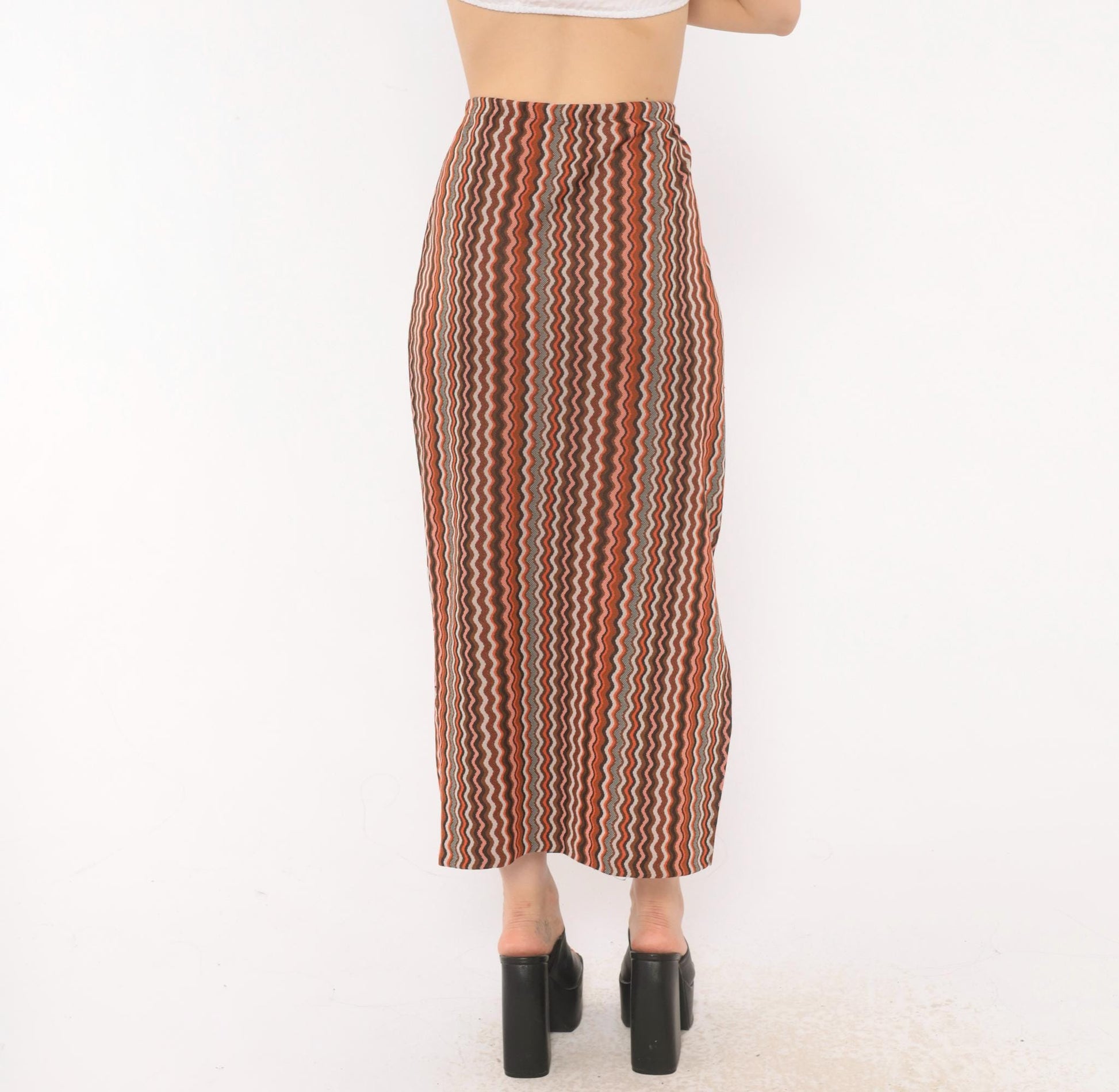 70s Orange Brown Zigzag Knit Maxi Skirt Chevron Stripe Elastic Waist Large