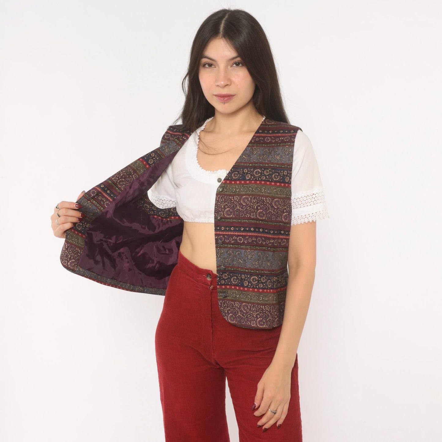 90s Talbots Paisley Silk Vest V-Neck Plum Navy Jacquard Medium M