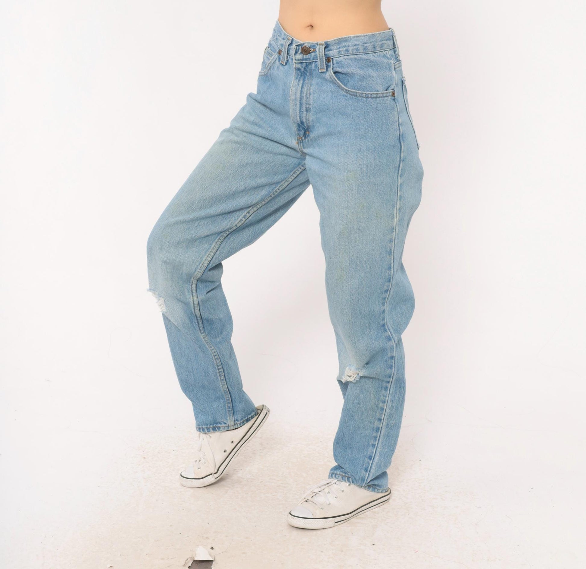 90s Light Wash Straight Leg High Rise Jeans Distressed Knee Rip Denim Small