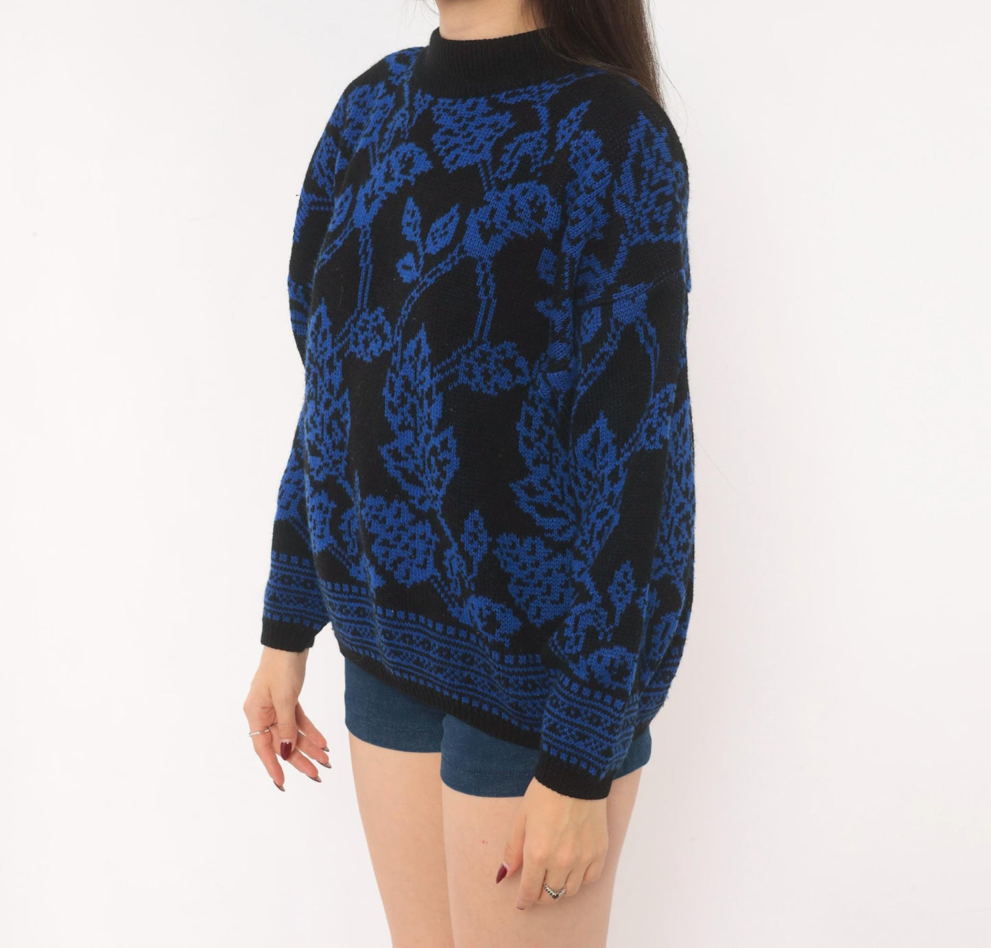 80s Jamie Scott Floral Knit Sweater Black Blue Rose Jacquard Medium