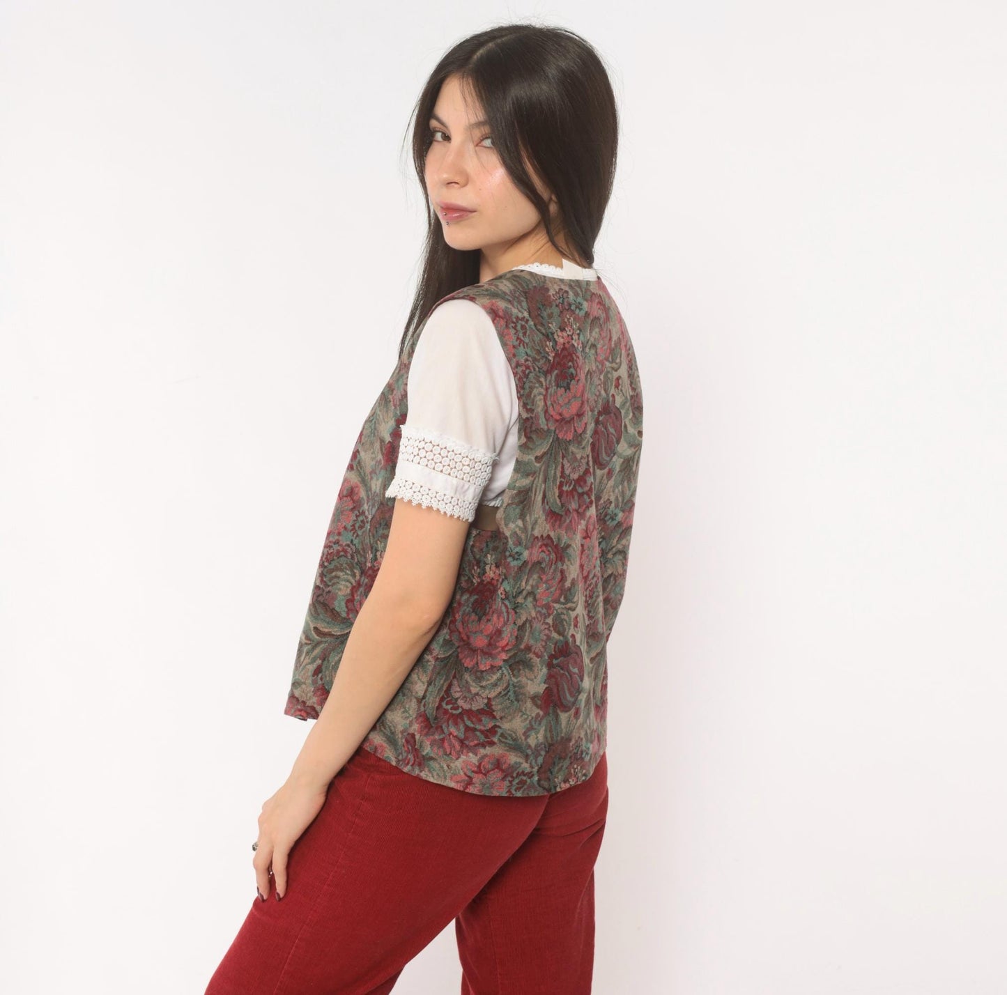 90s Floral Tapestry Vest Burgundy Teal Rose Jacquard Button Front Large L