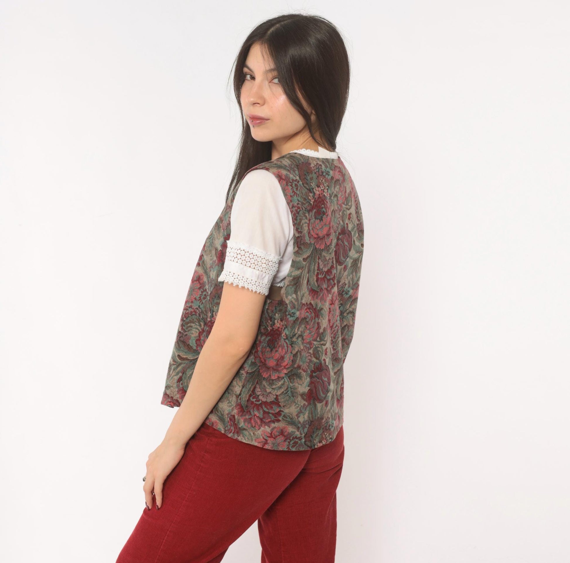 90s Floral Tapestry Vest Burgundy Teal Rose Jacquard Button Front Large L