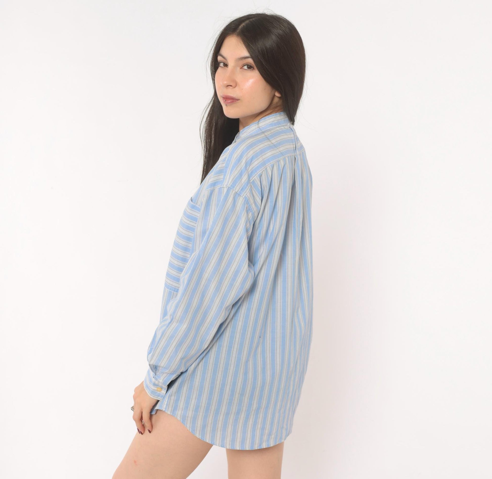 90s Gap Blue White Striped Shirt Band Collar Cotton Blouse Medium M