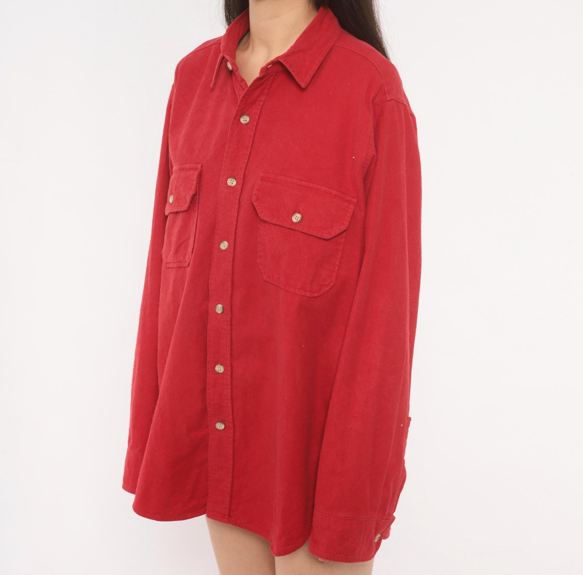 Woolrich 90s Red Cotton Flannel Button-Up Shirt Dual Chest Pocket Large L